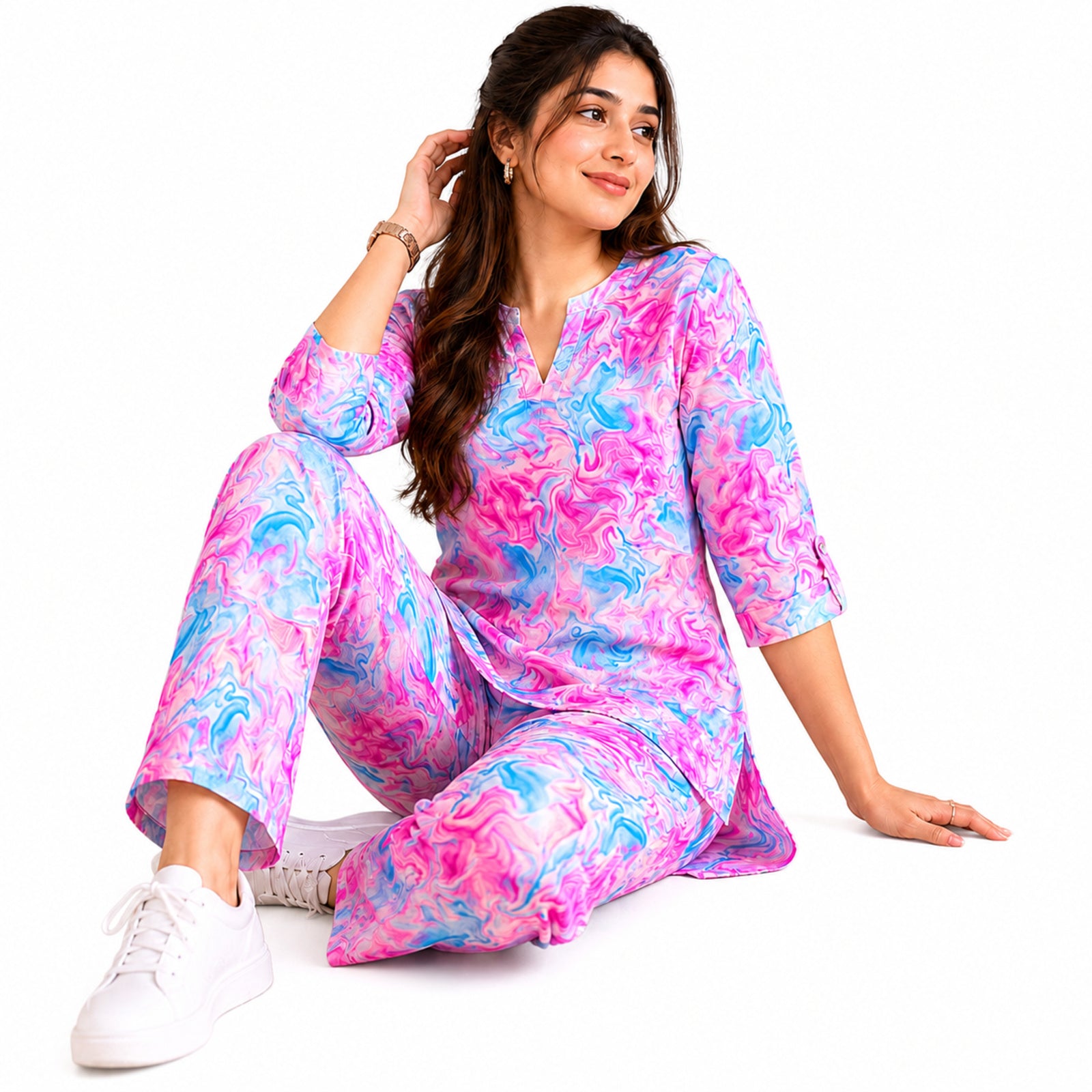 Women's Pink Abstract Printed Night Suit Co-Ord Set
