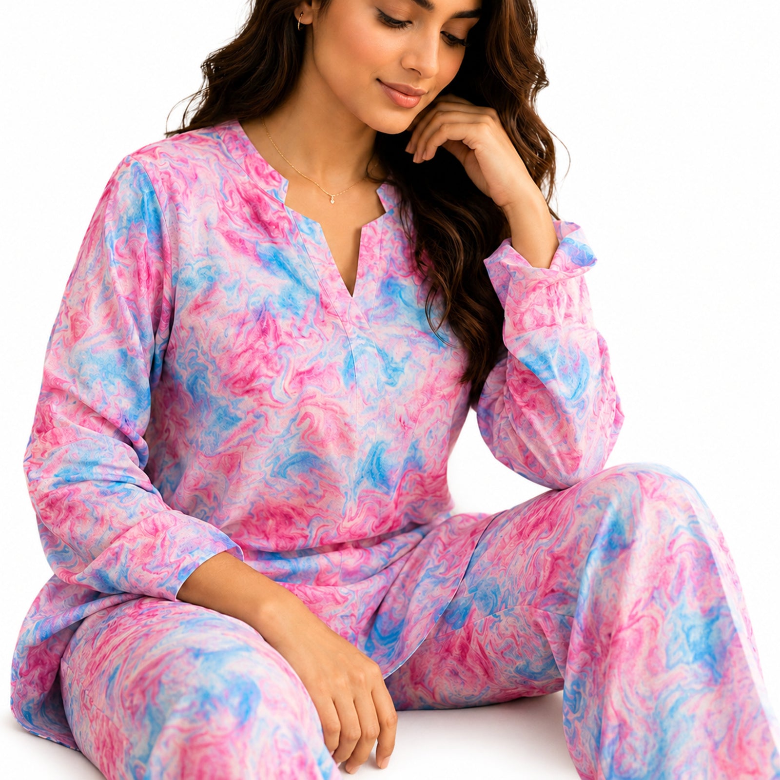 Women's Pink Abstract Printed Night Suit Co-Ord Set