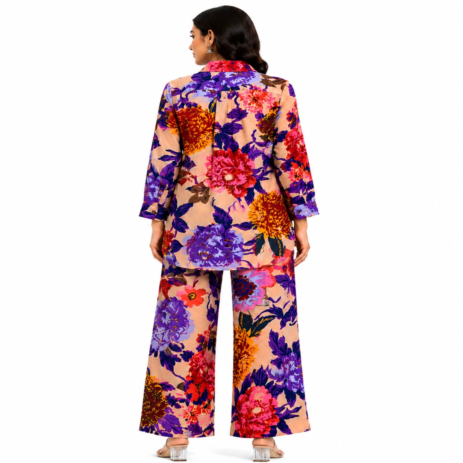 Women's Floral Printed Co-Ord Set | Stylish Shirt & Wide Leg Pant Co-Ord Set for Women – Cream