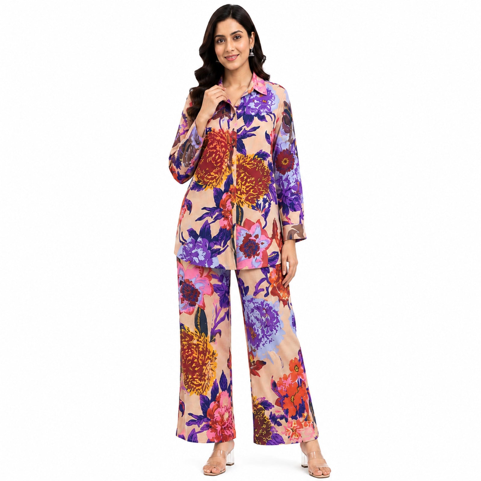 Women's Floral Printed Co-Ord Set | Stylish Shirt & Wide Leg Pant Co-Ord Set for Women – Cream