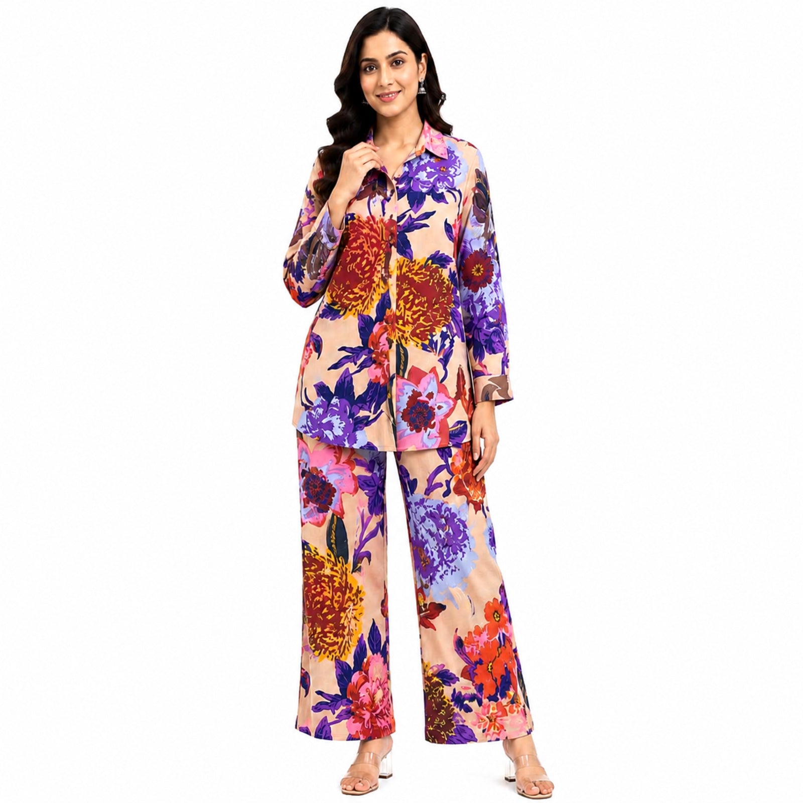 Women's Floral Printed Co-Ord Set | Stylish Shirt & Wide Leg Pant Co-Ord Set for Women – Cream