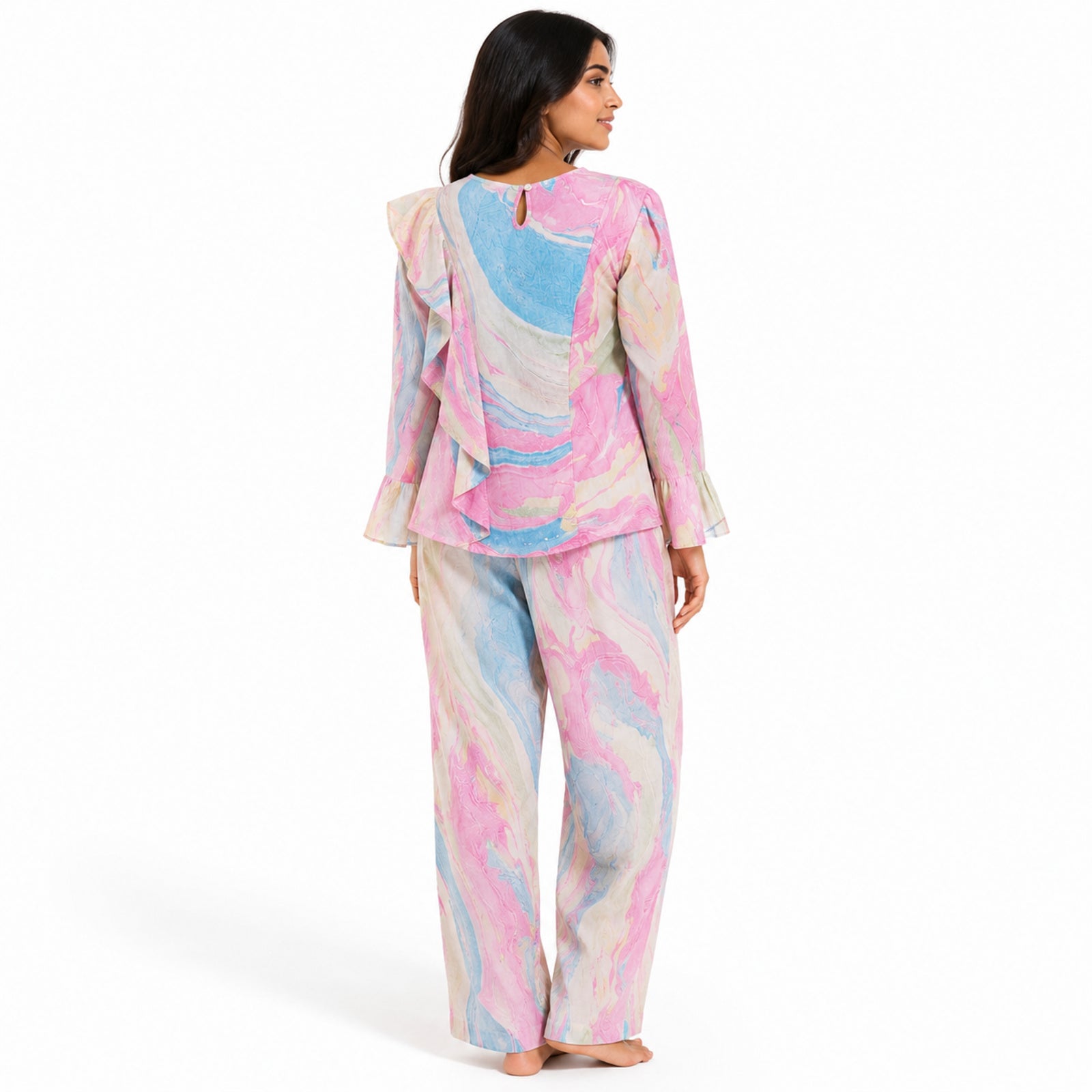 Women's Light Pink Abstract Marble Print Ruffle Sleeve Top and Straight Pyjama Co-Ord Set | Relaxed Lounge Set