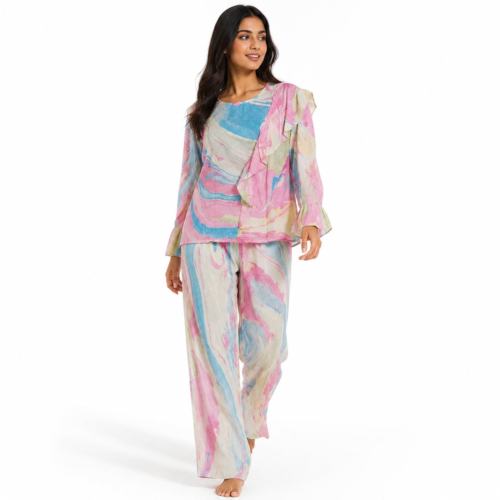 Women's Light Pink Abstract Marble Print Ruffle Sleeve Top and Straight Pyjama Co-Ord Set | Relaxed Lounge Set