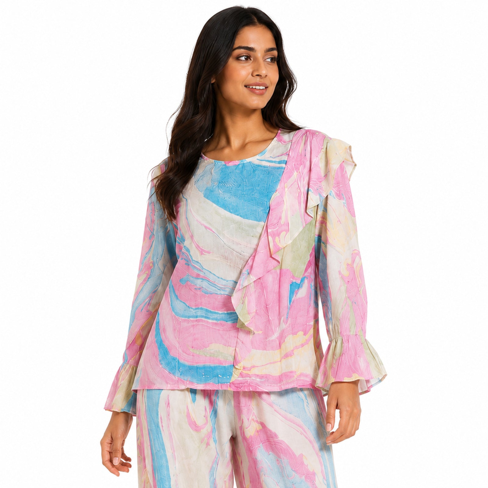 Women's Light Pink Abstract Marble Print Ruffle Sleeve Top and Straight Pyjama Co-Ord Set | Relaxed Lounge Set