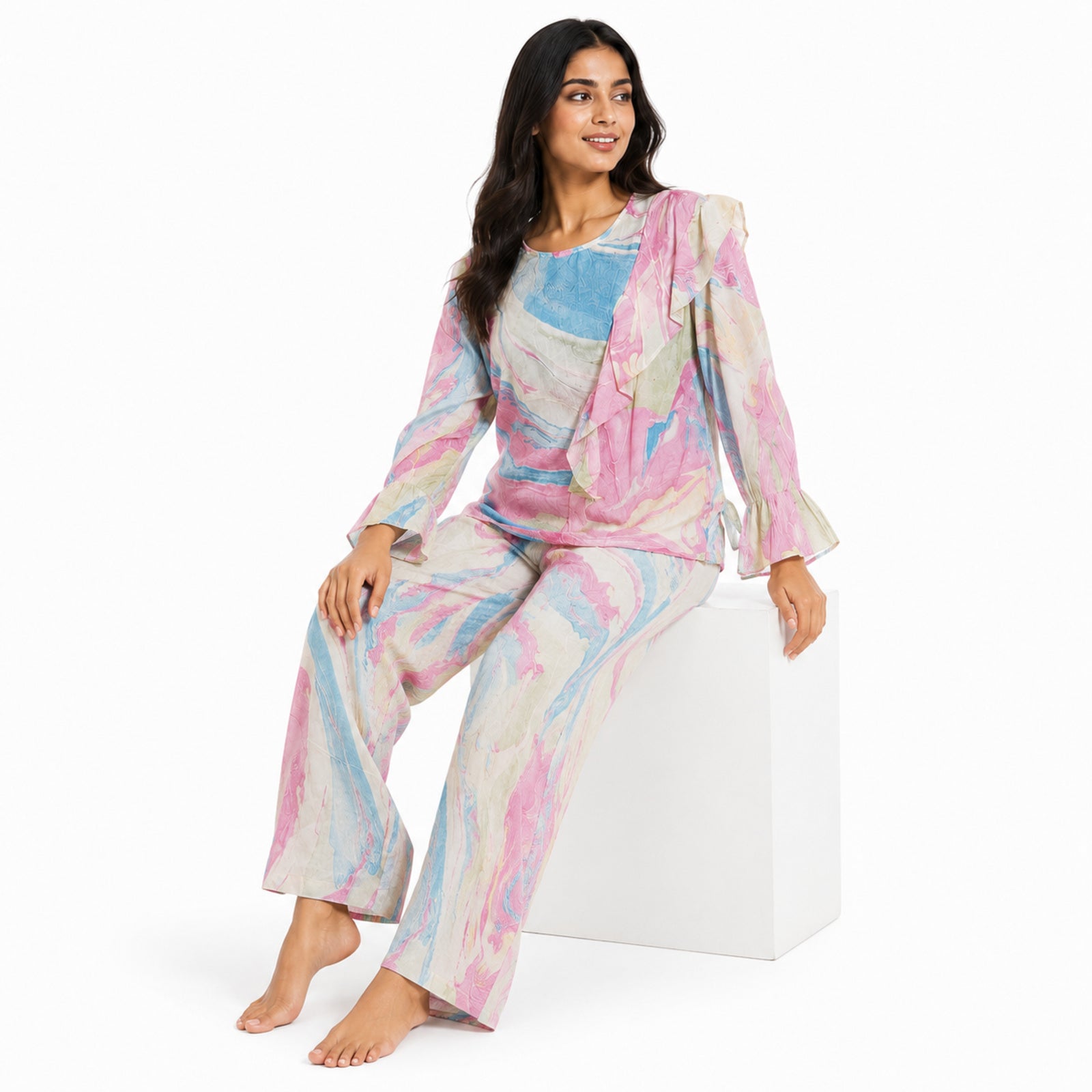Women's Light Pink Abstract Marble Print Ruffle Sleeve Top and Straight Pyjama Co-Ord Set | Relaxed Lounge Set