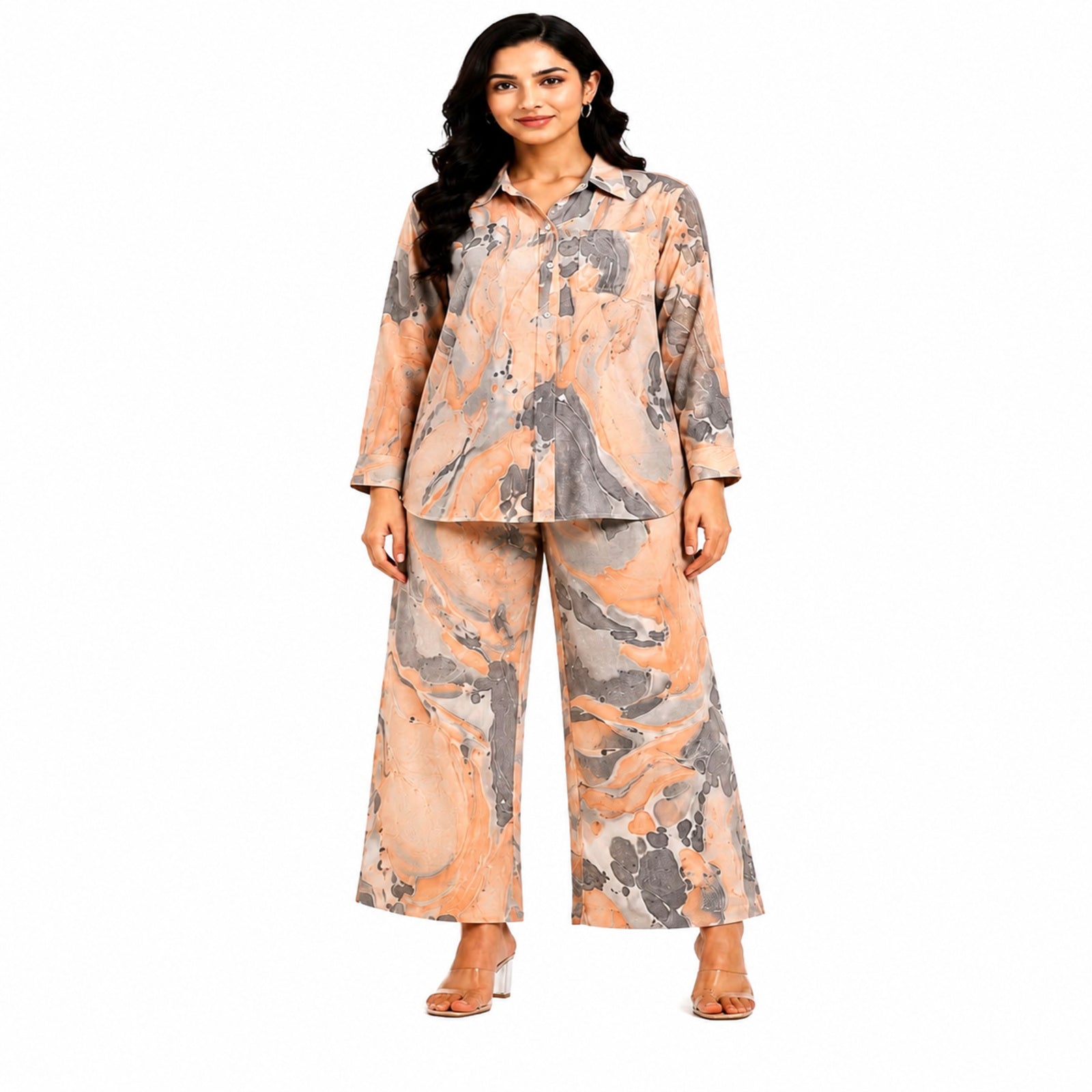 Women's Marble Print Co-Ord Set | Stylish Shirt & Wide Leg Pant Co-Ord Set for Women – Orange