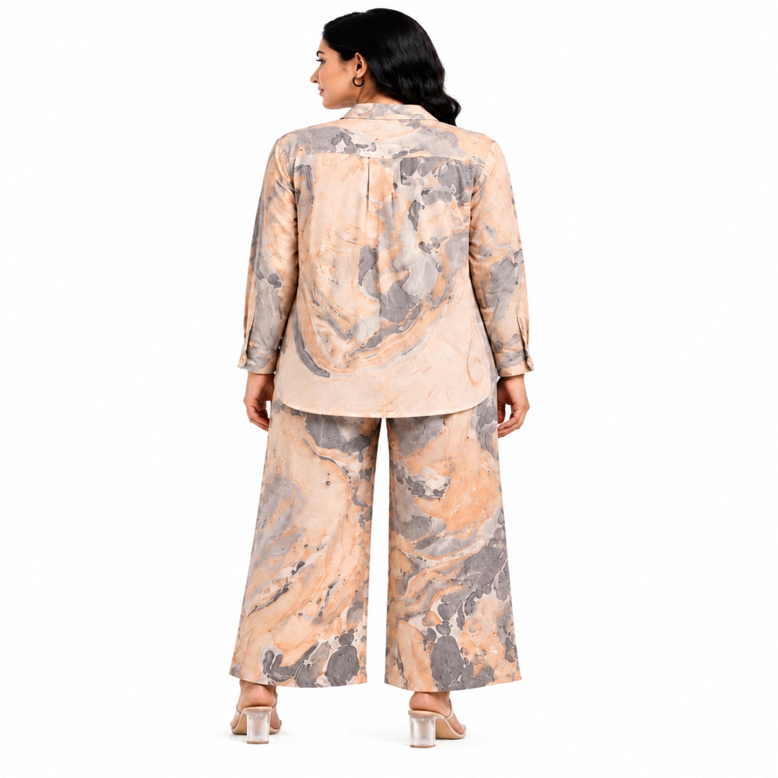 Women's Marble Print Co-Ord Set | Stylish Shirt & Wide Leg Pant Co-Ord Set for Women – Orange