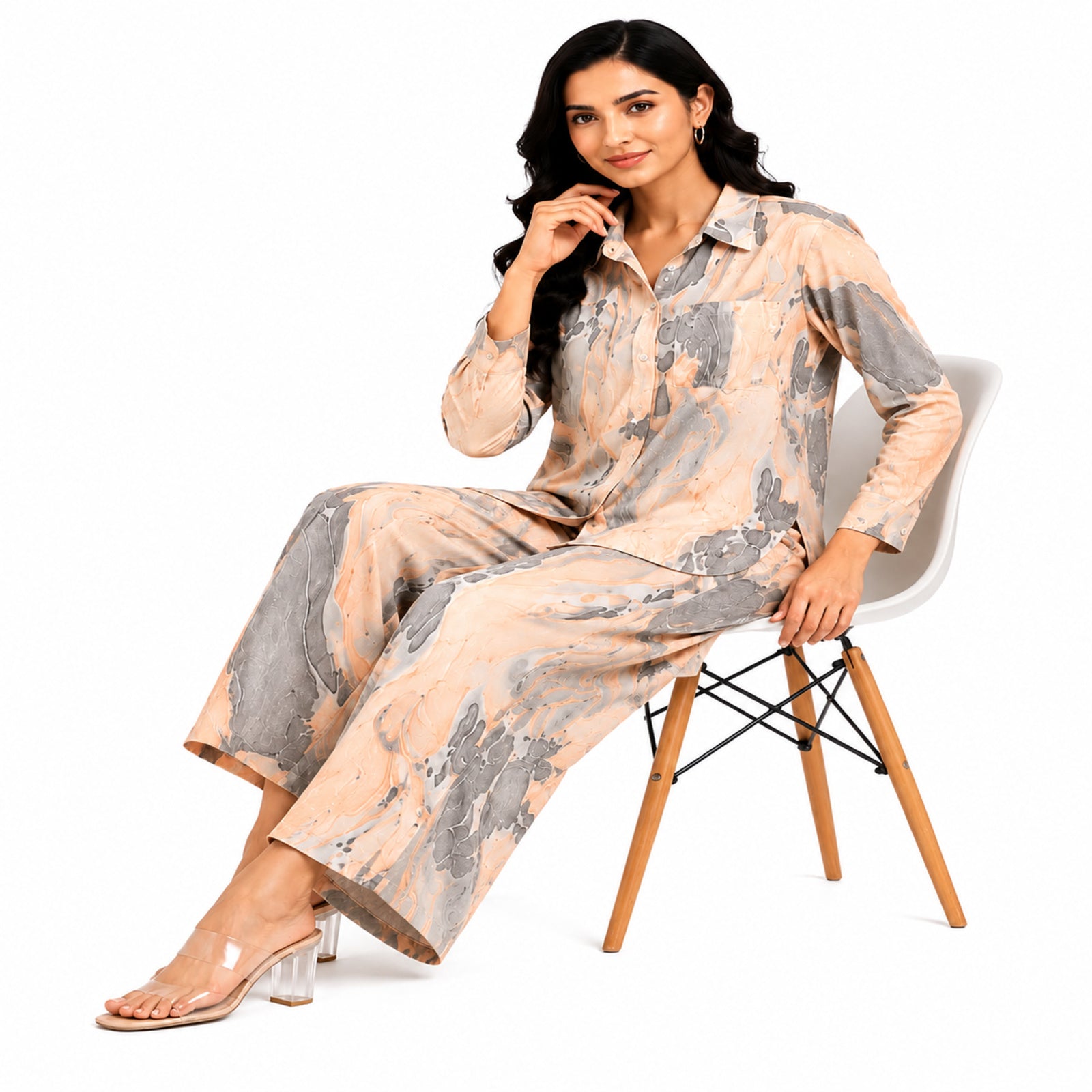 Women's Marble Print Co-Ord Set | Stylish Shirt & Wide Leg Pant Co-Ord Set for Women – Orange