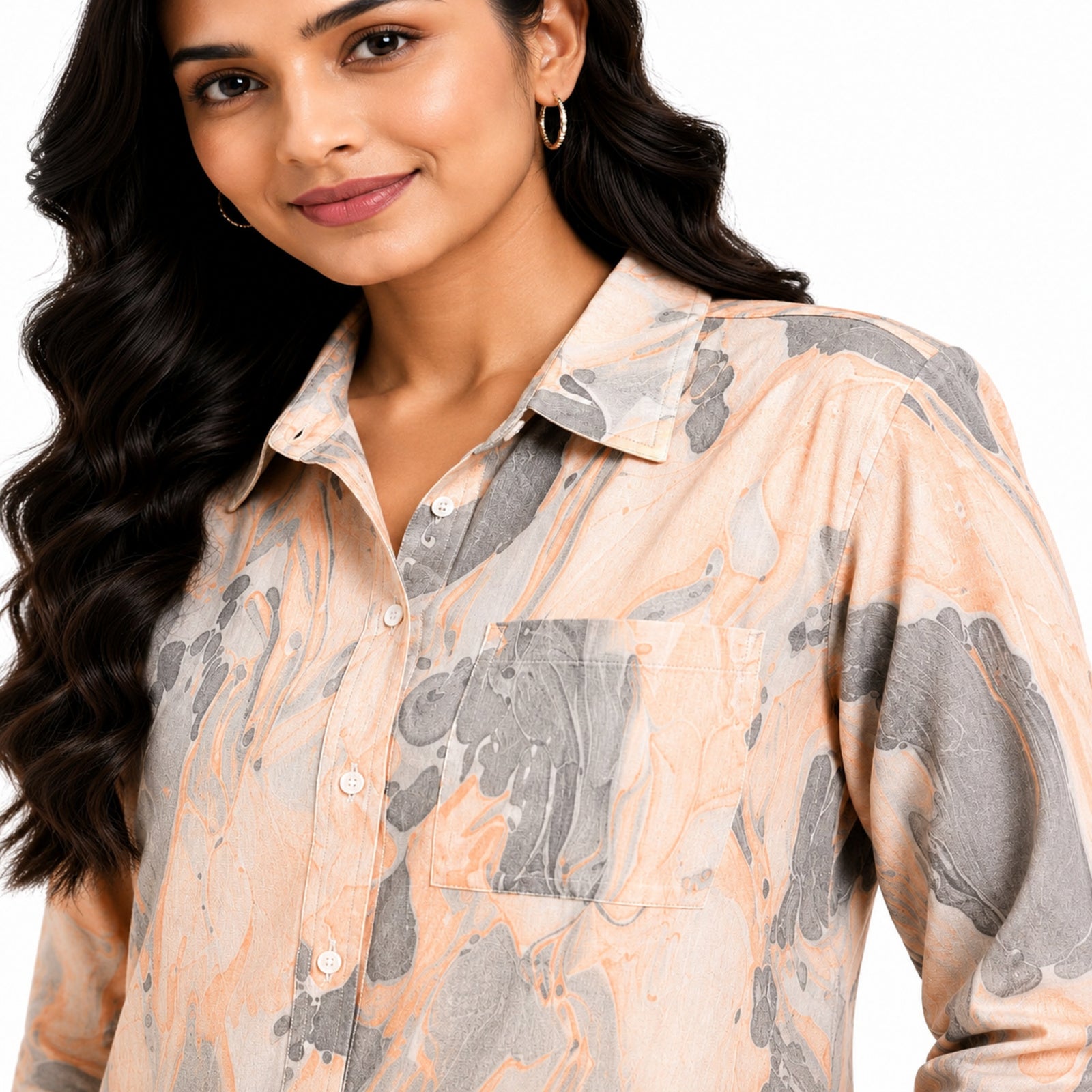 Women's Marble Print Co-Ord Set | Stylish Shirt & Wide Leg Pant Co-Ord Set for Women – Orange