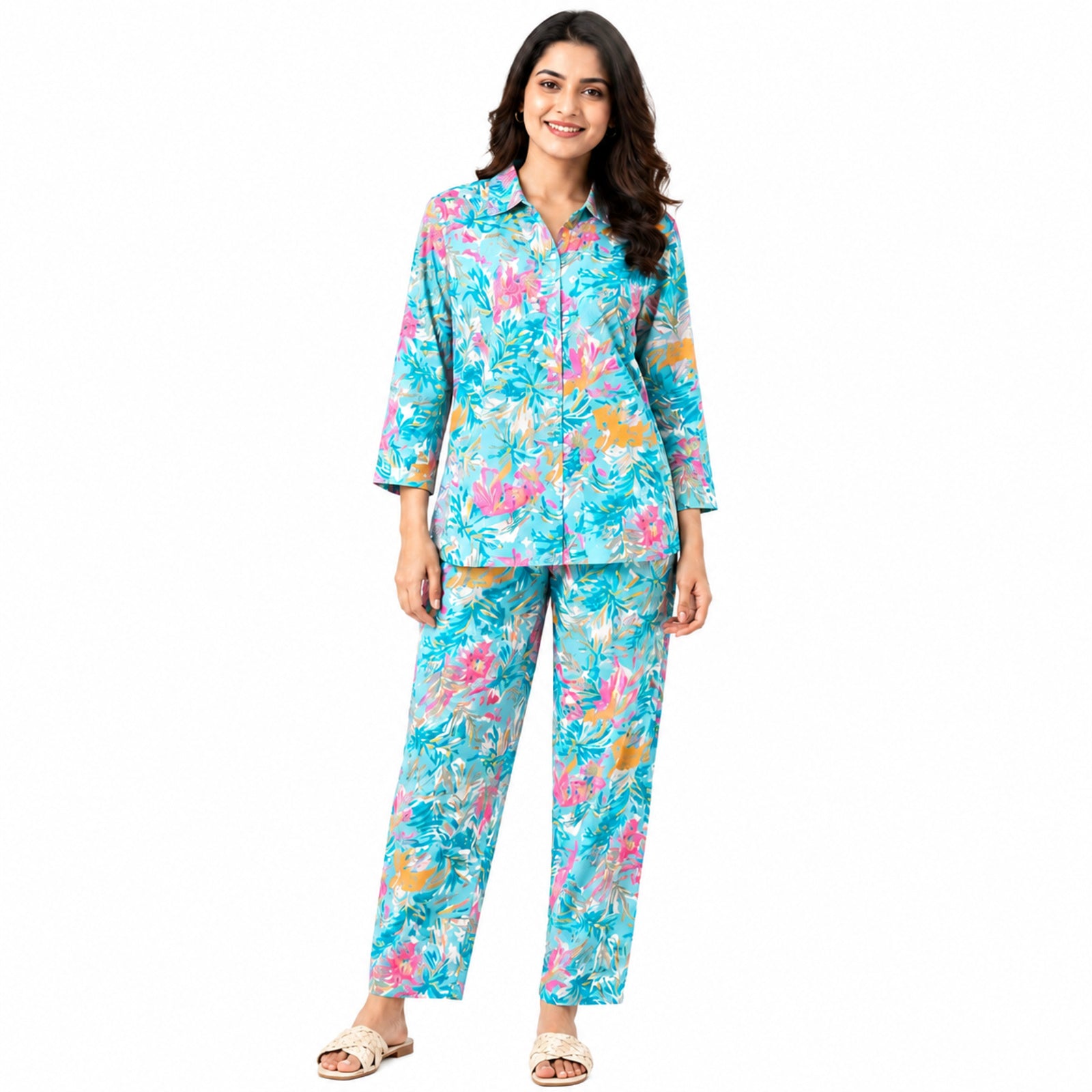Women's Sky Blue Tropical Printed Night Suit Co-Ord Set
