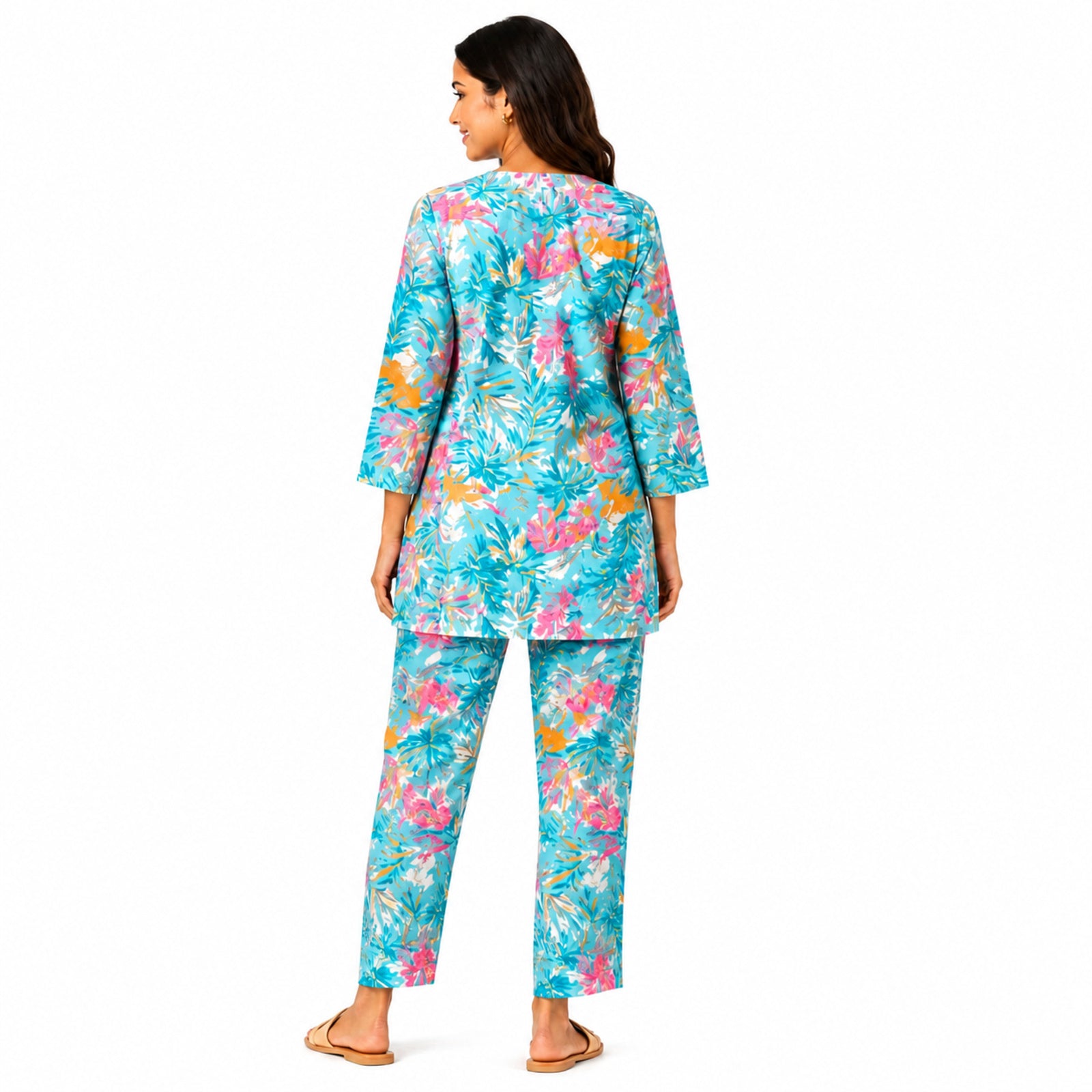 Women's Sky Blue Tropical Printed Night Suit Co-Ord Set