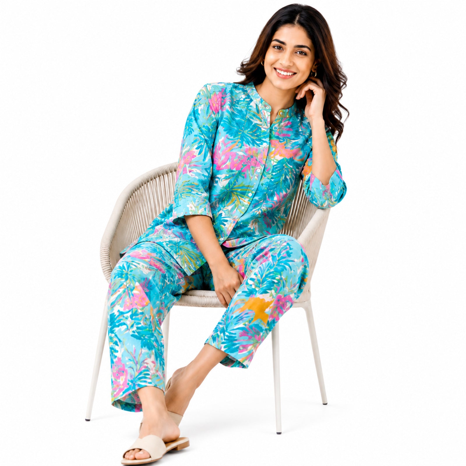 Women's Sky Blue Tropical Printed Night Suit Co-Ord Set