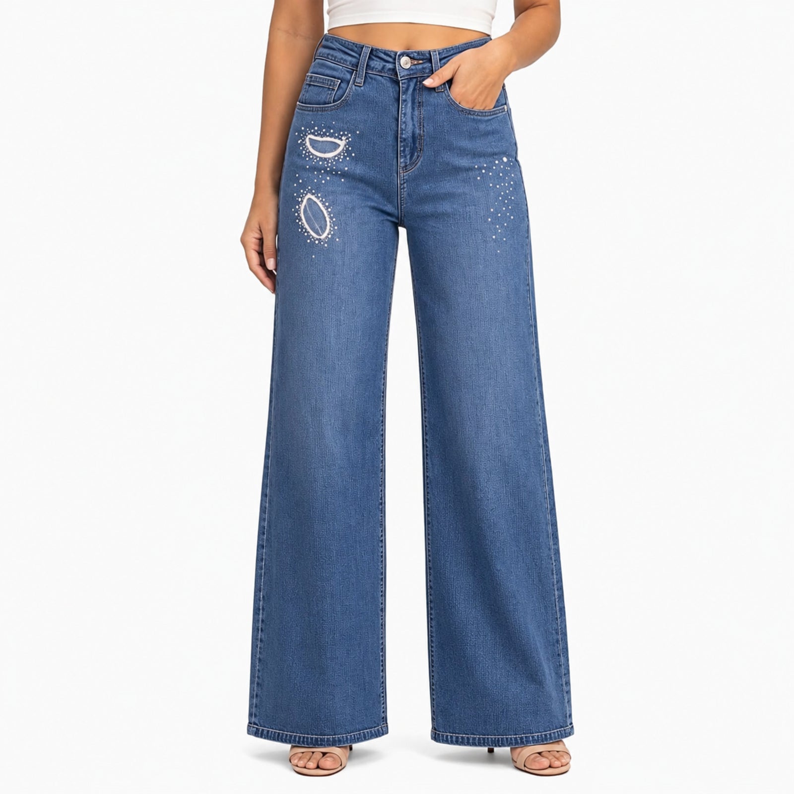Blue Embroidered Straight Fit Denim Jeans