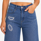 Blue Embroidered Straight Fit Denim Jeans