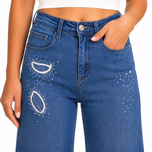 Blue Embroidered Straight Fit Denim Jeans
