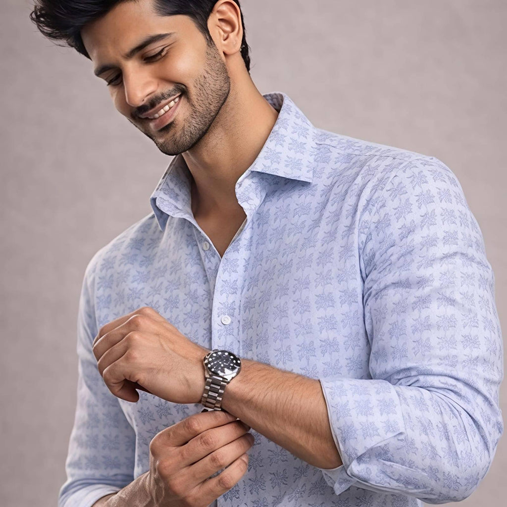 Mens Sky Blue Grid Formal Shirt