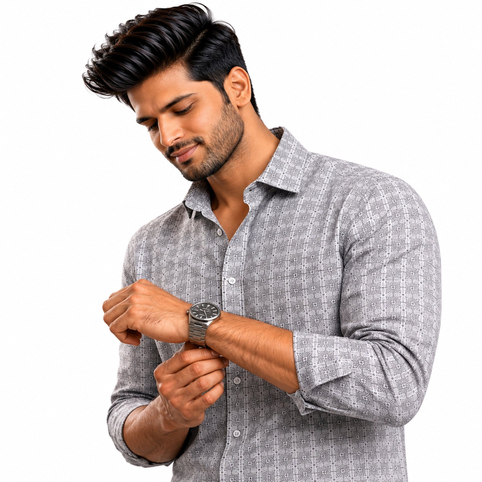 Men's White And Brown Grid Formal Shirt