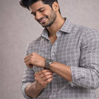 Men's White And Brown Grid Formal Shirt