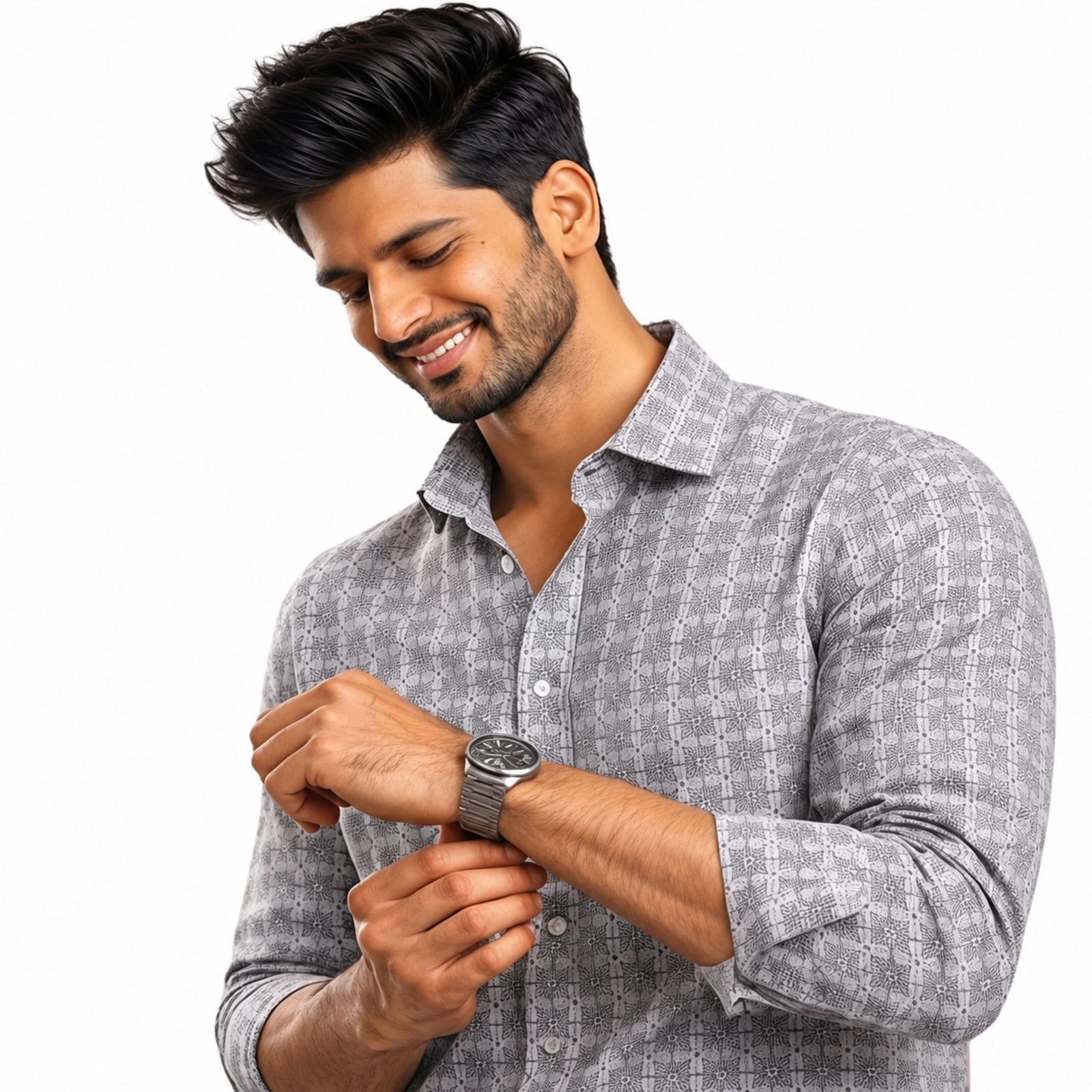 Men's White And Brown Grid Formal Shirt