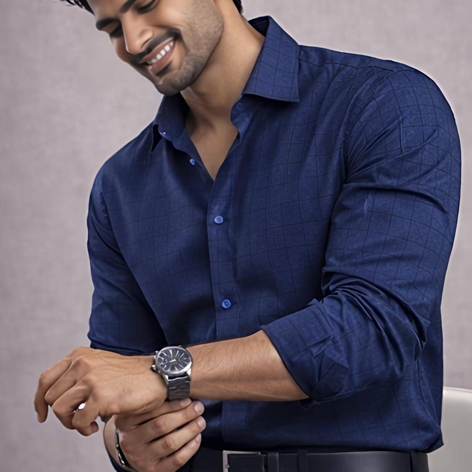 Men's Dark Blue Abstact Pattern Formal Shirt
