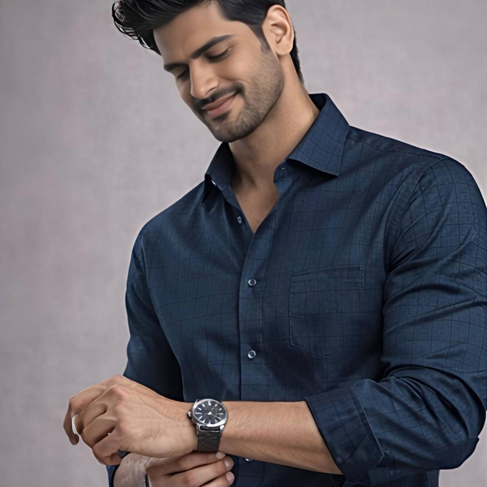 Men's Dark Blue Pattern Formal Shirt