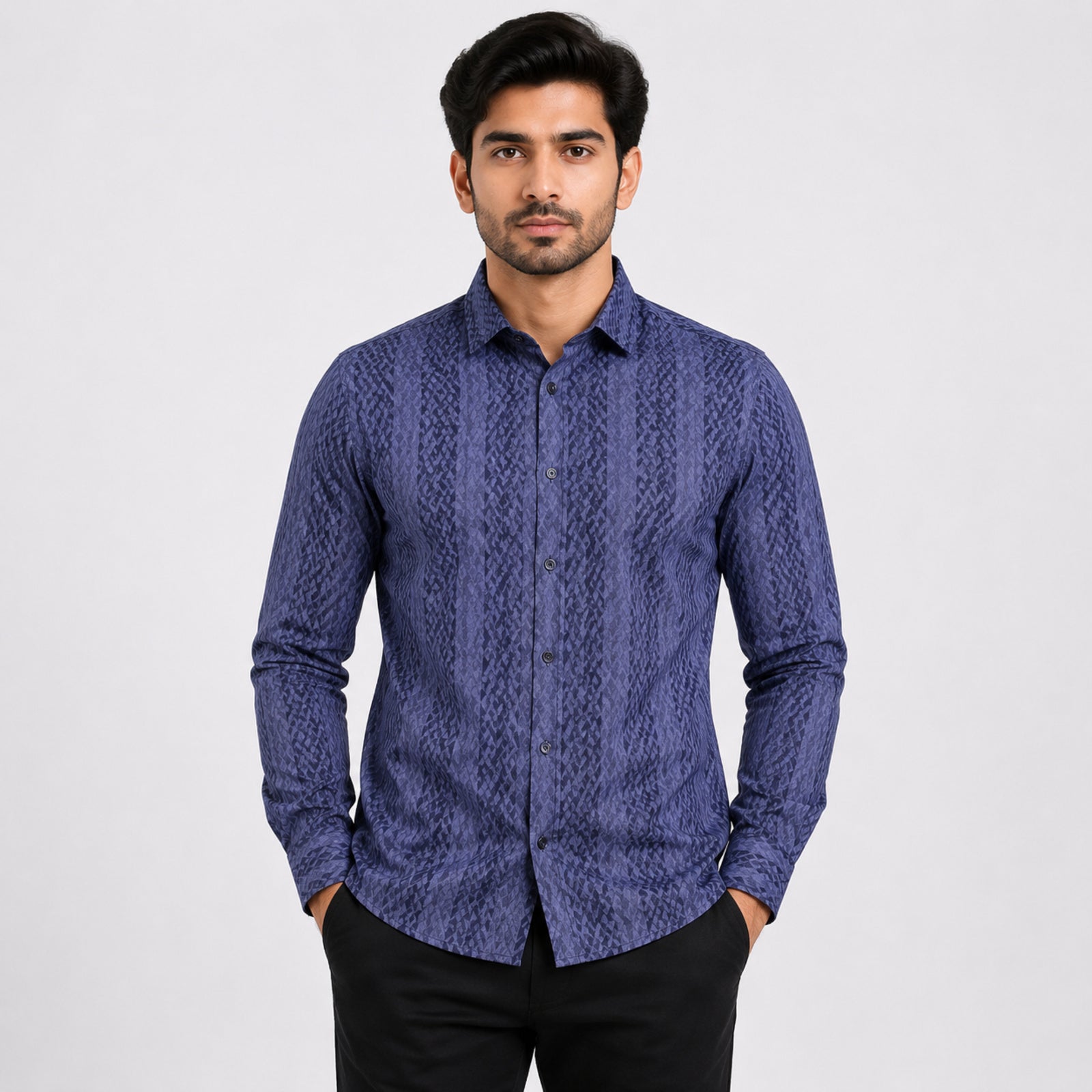 Men's Dark Grey Geometrical Pattern Formal Shirt-1