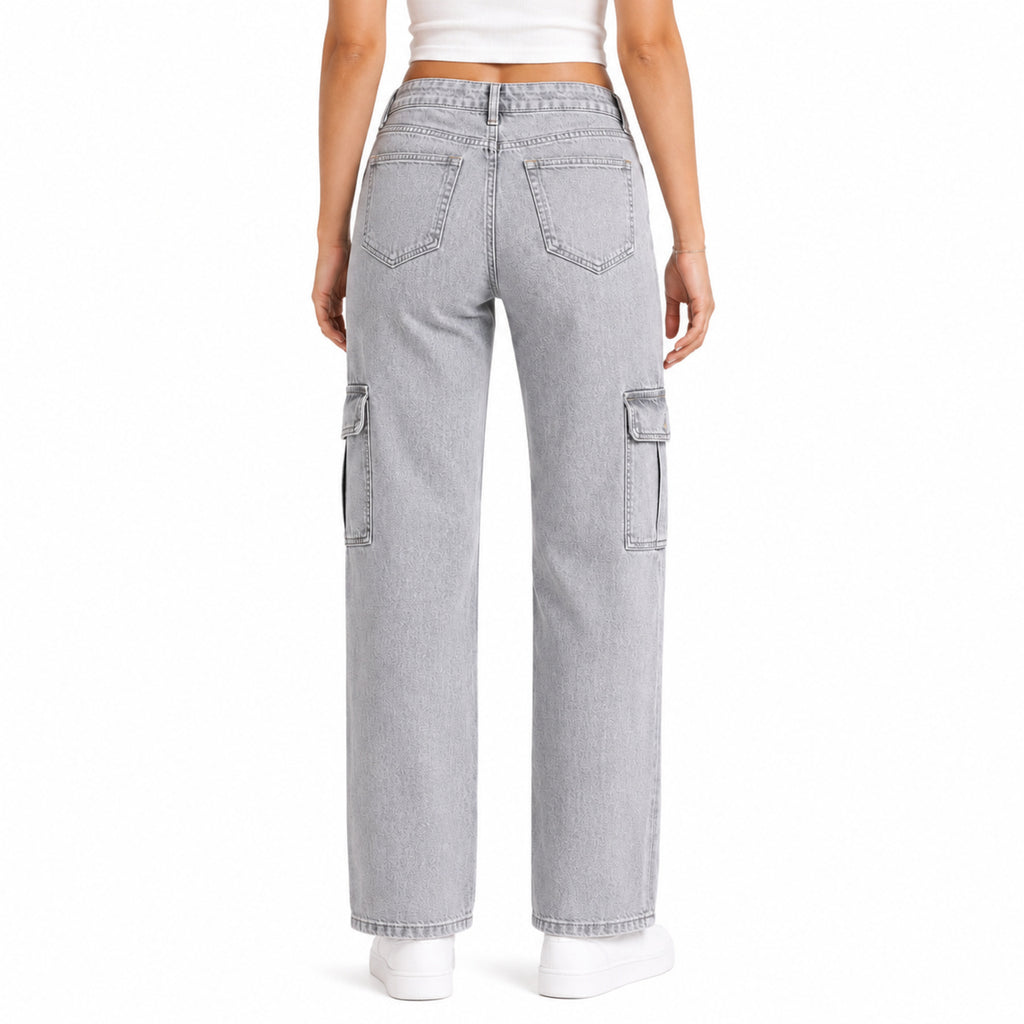 Women's Light Grey Cargo Wide Leg Denim Jeans