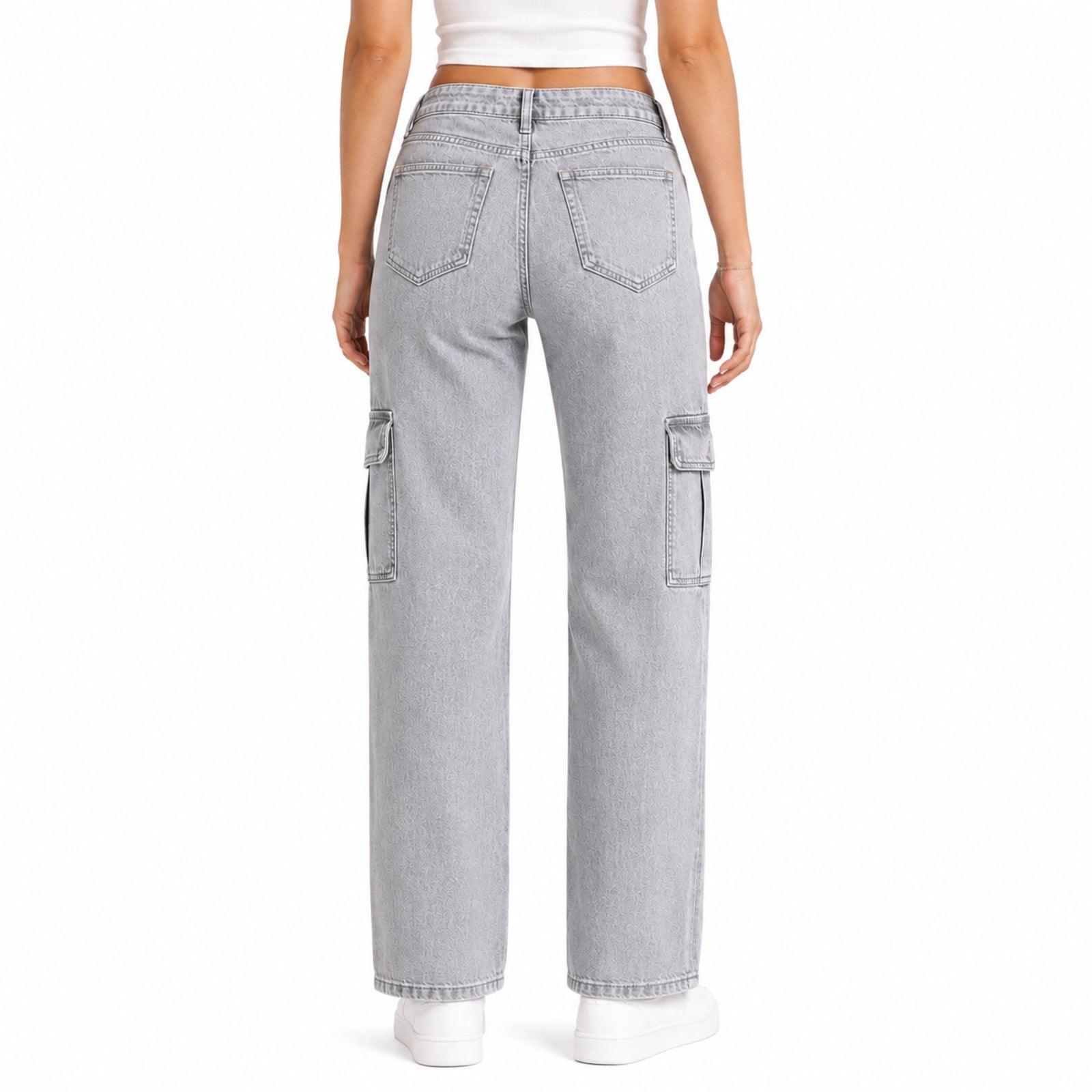 Women's Light Grey Cargo Wide Leg Denim Jeans