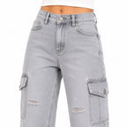 Women's Light Grey Cargo Wide Leg Denim Jeans