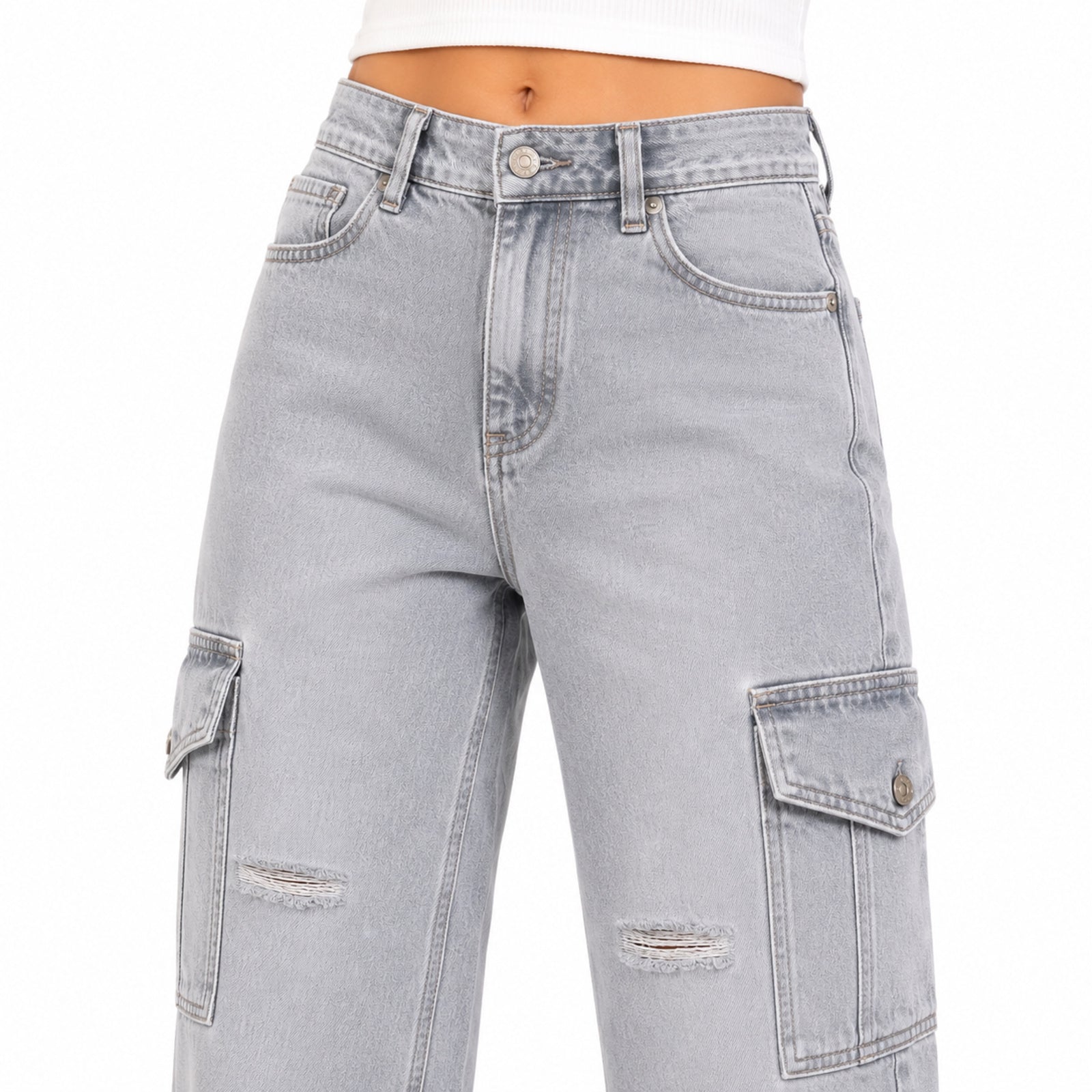 Women's Light Grey Cargo Wide Leg Denim Jeans