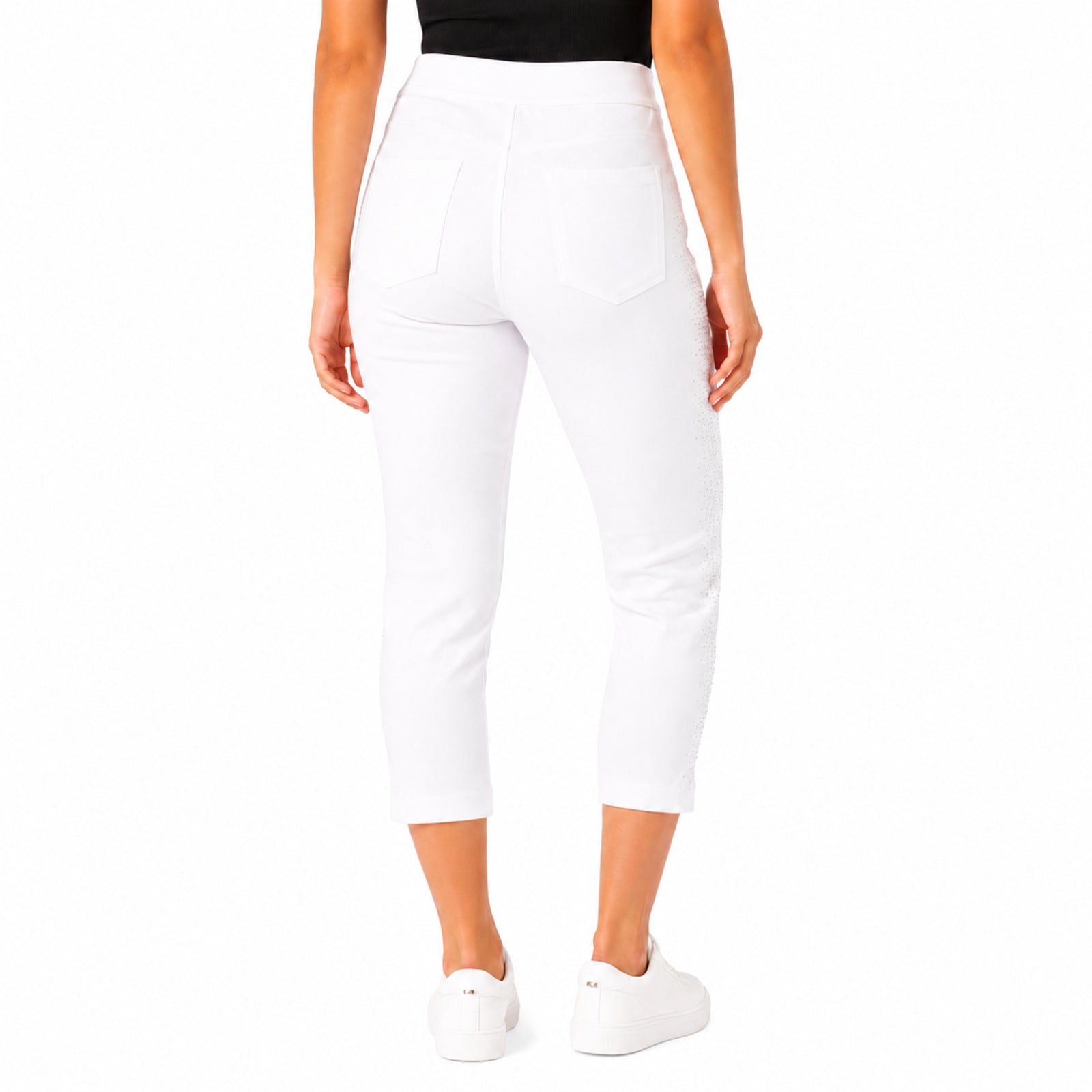 Women's Shimmering Diamond Studded White Cropped Casual Trousers