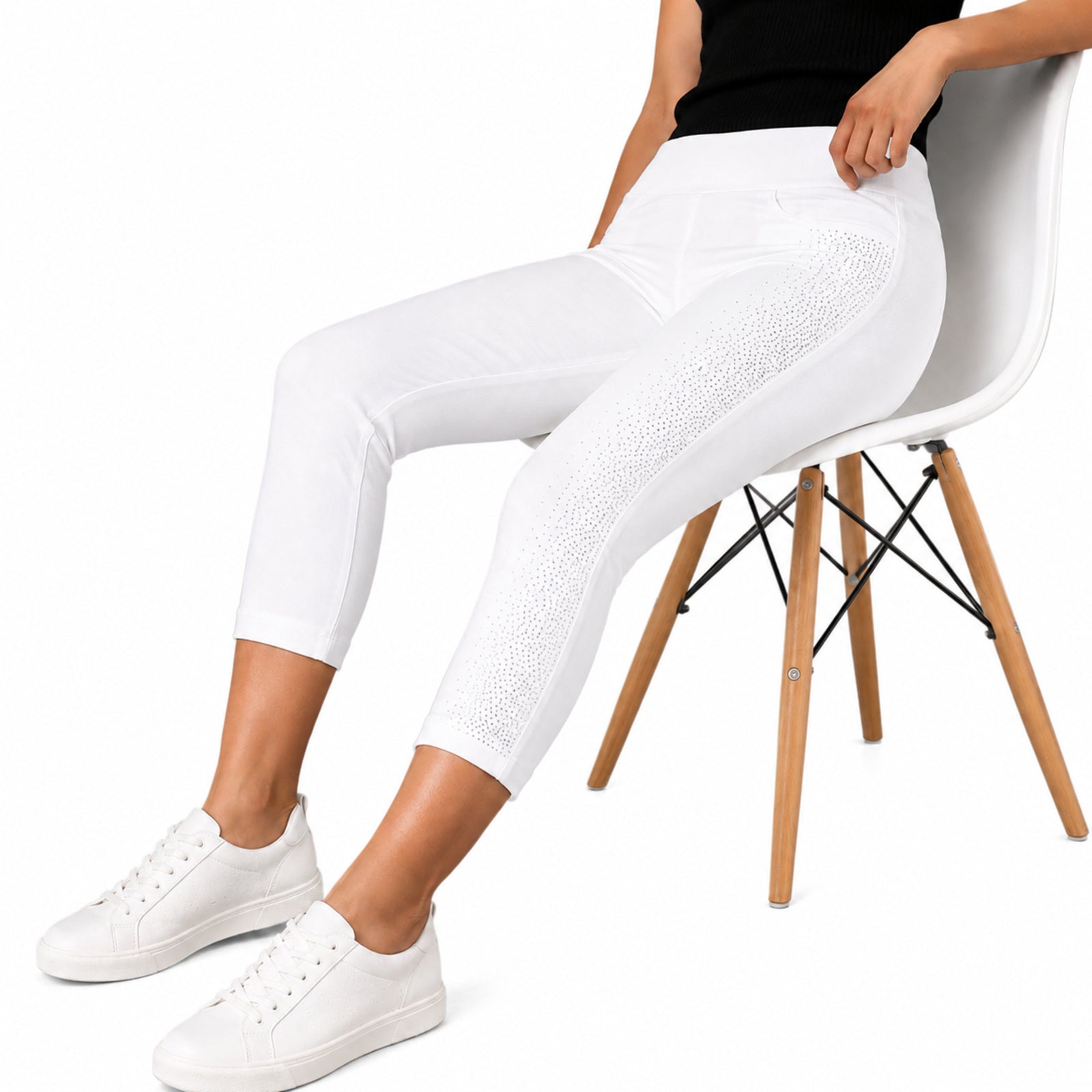 Women's Shimmering Diamond Studded White Cropped Casual Trousers