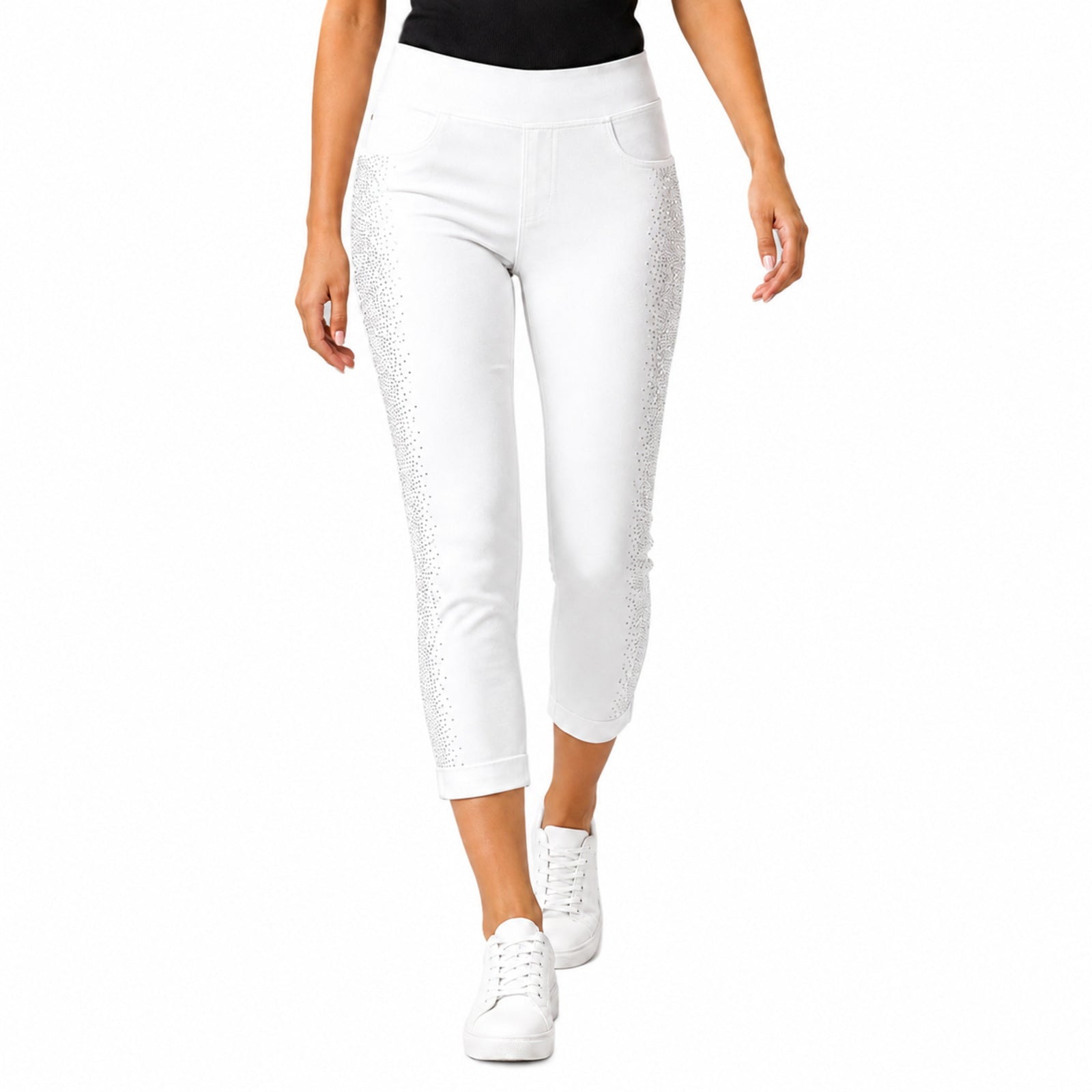 Women's Shimmering Diamond Studded White Cropped Casual Trousers
