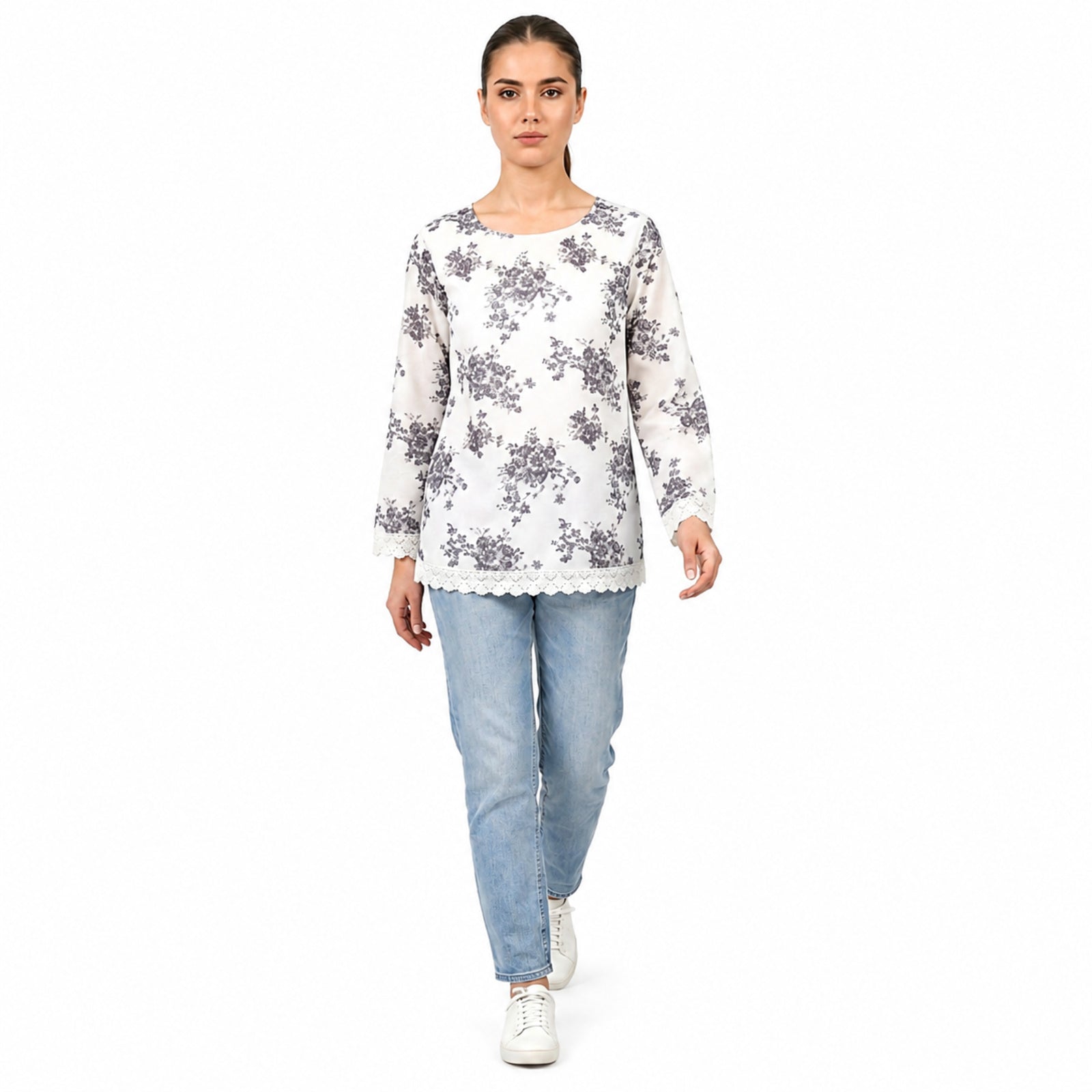 Ivory Blue Floral Long Sleeve Top
