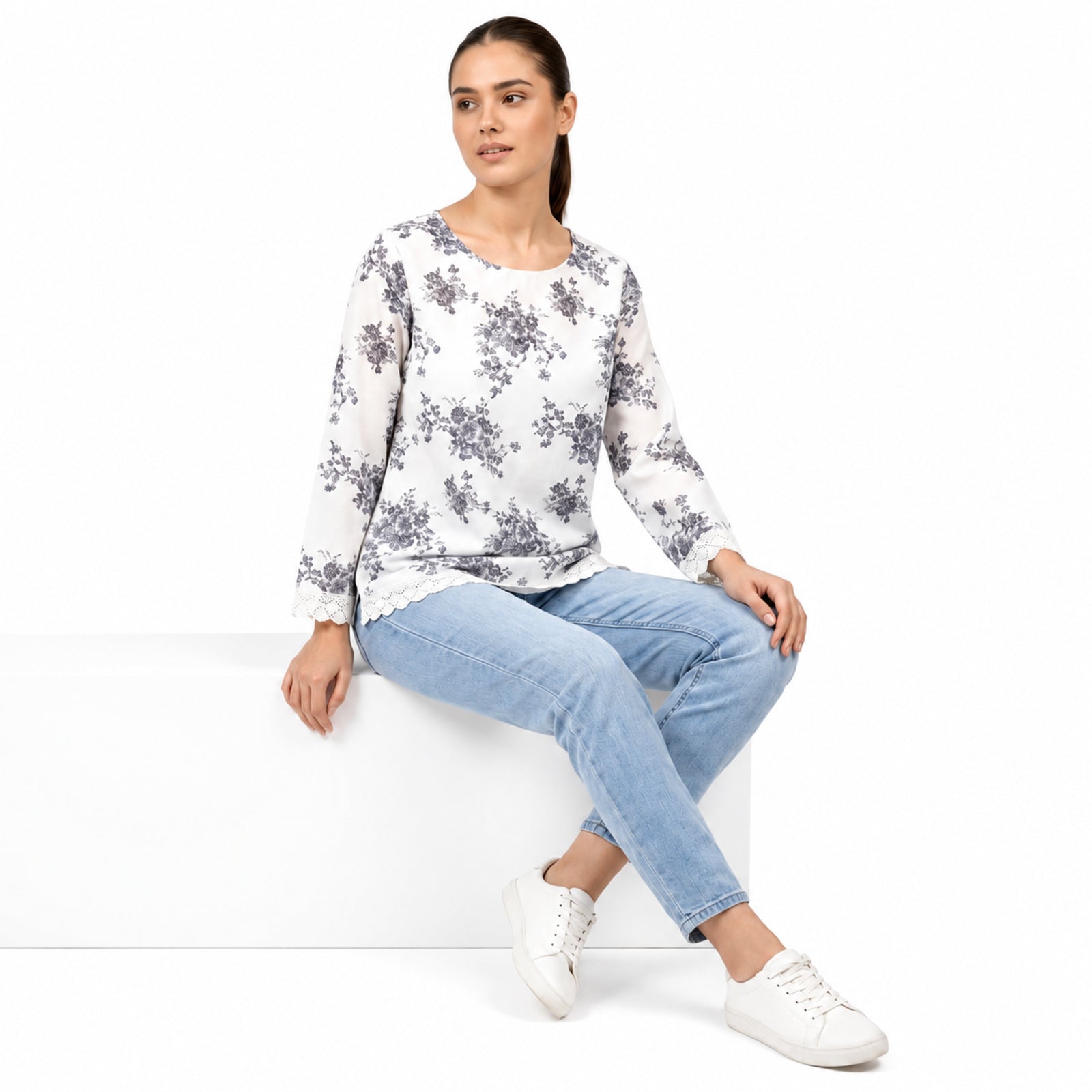 Ivory Blue Floral Long Sleeve Top
