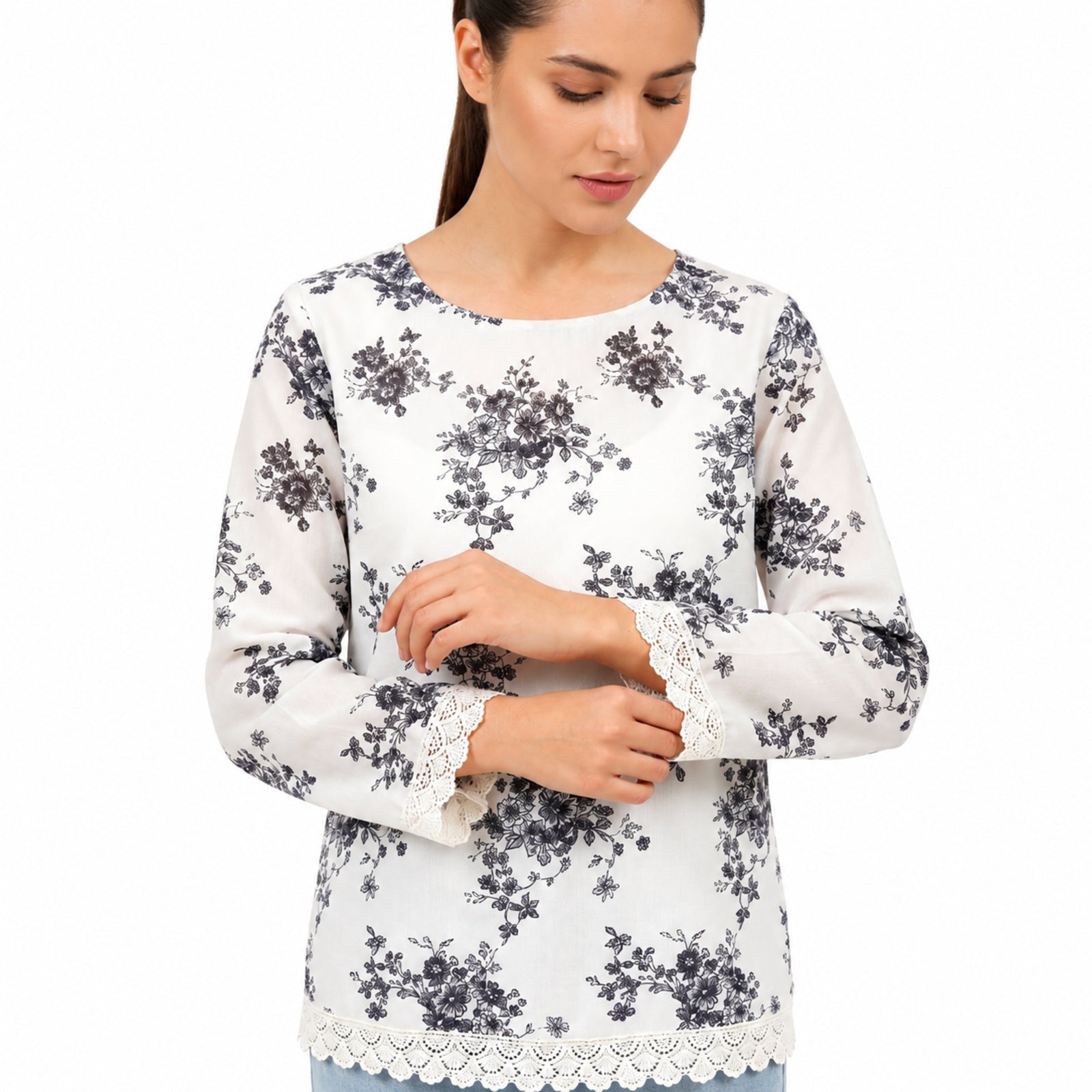 Ivory Blue Floral Long Sleeve Top