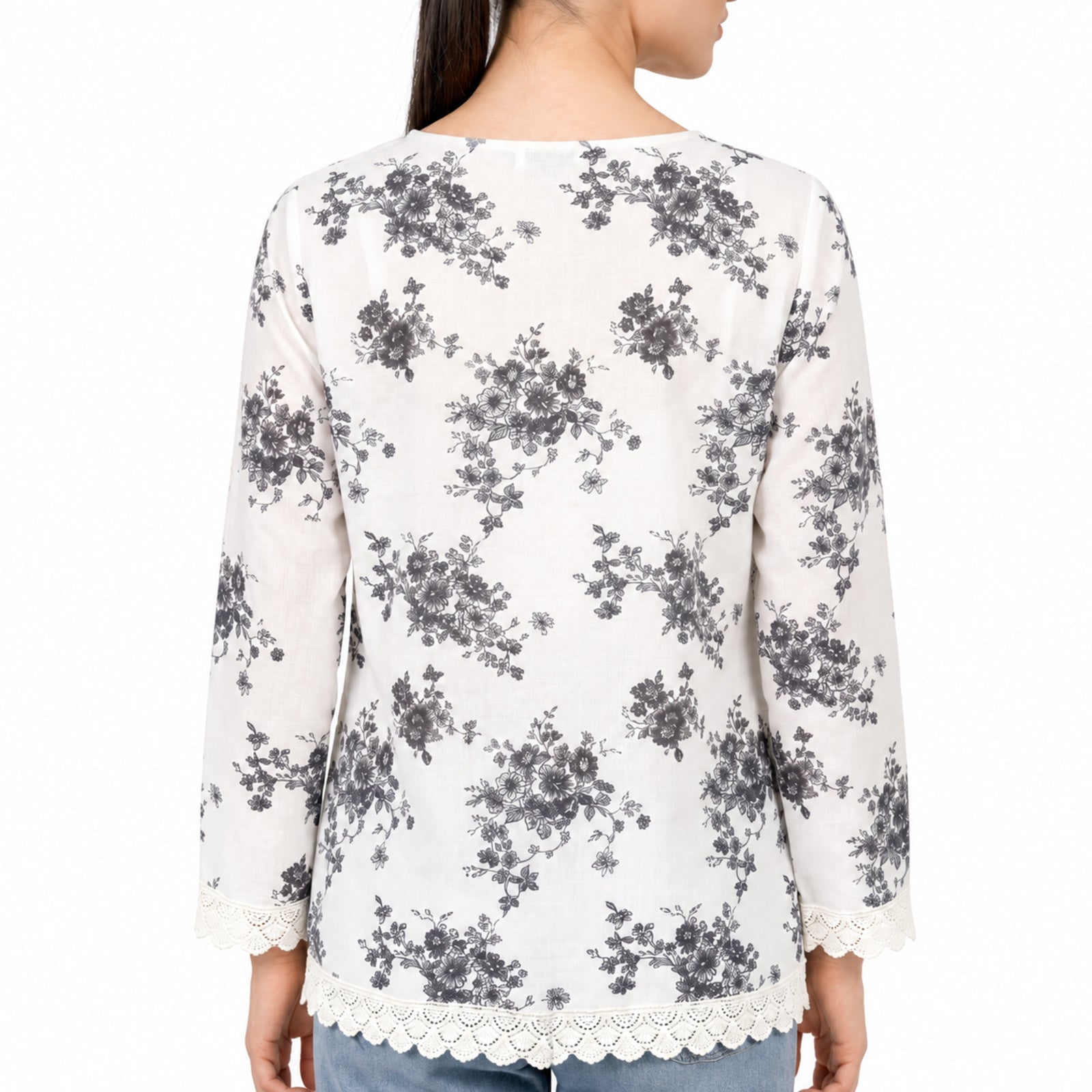 Ivory Blue Floral Long Sleeve Top