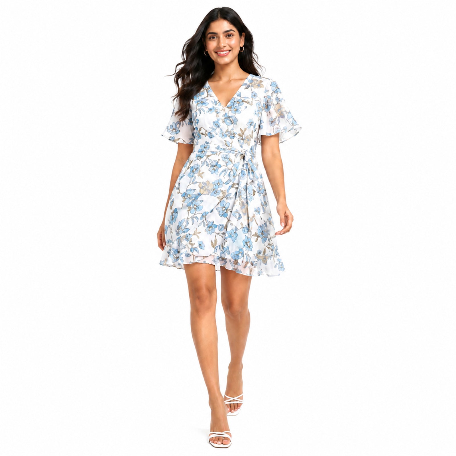 Women's Blue Floral Wrap Mini Dress with Flutter Sleeves