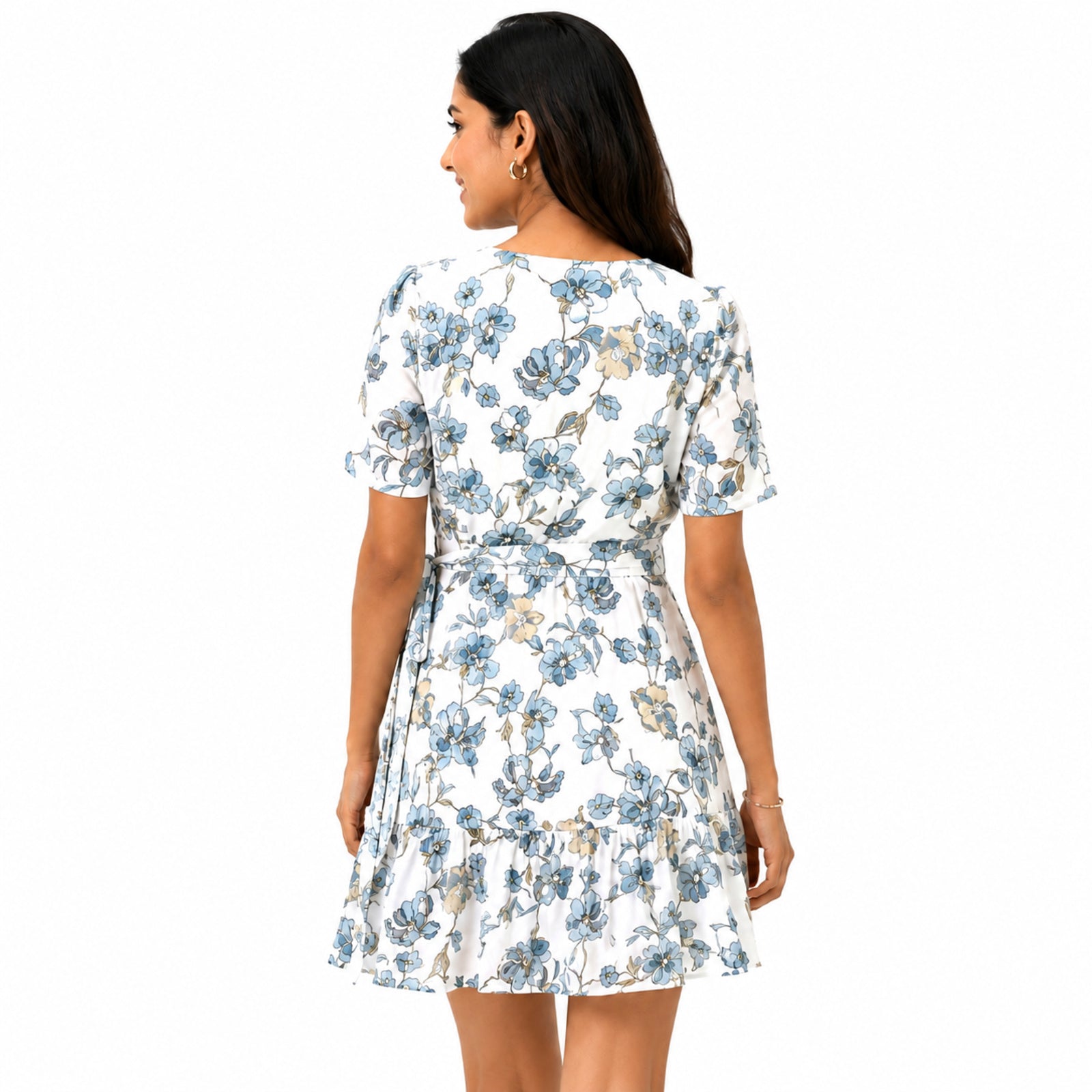 Women's Blue Floral Wrap Mini Dress with Flutter Sleeves