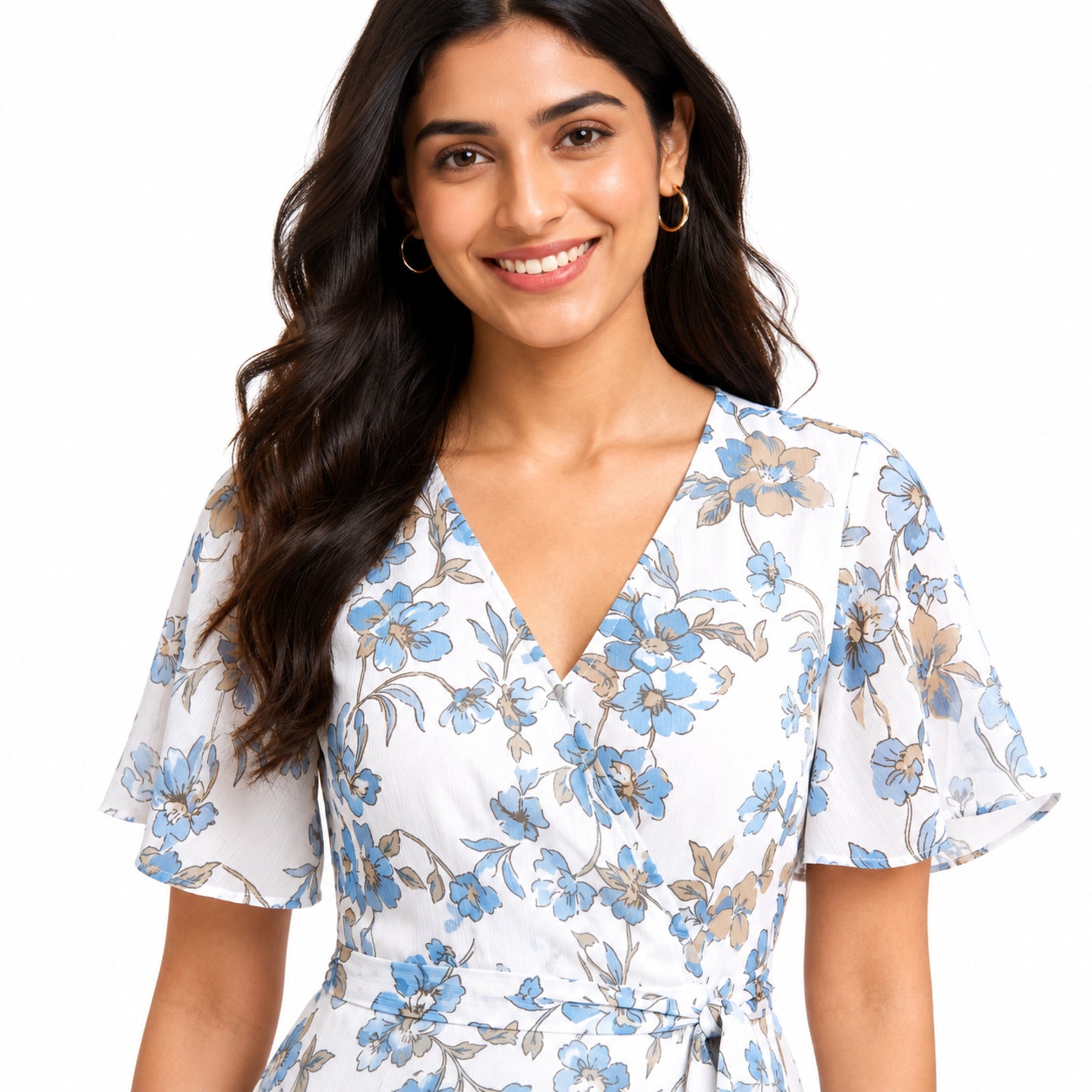 Women's Blue Floral Wrap Mini Dress with Flutter Sleeves
