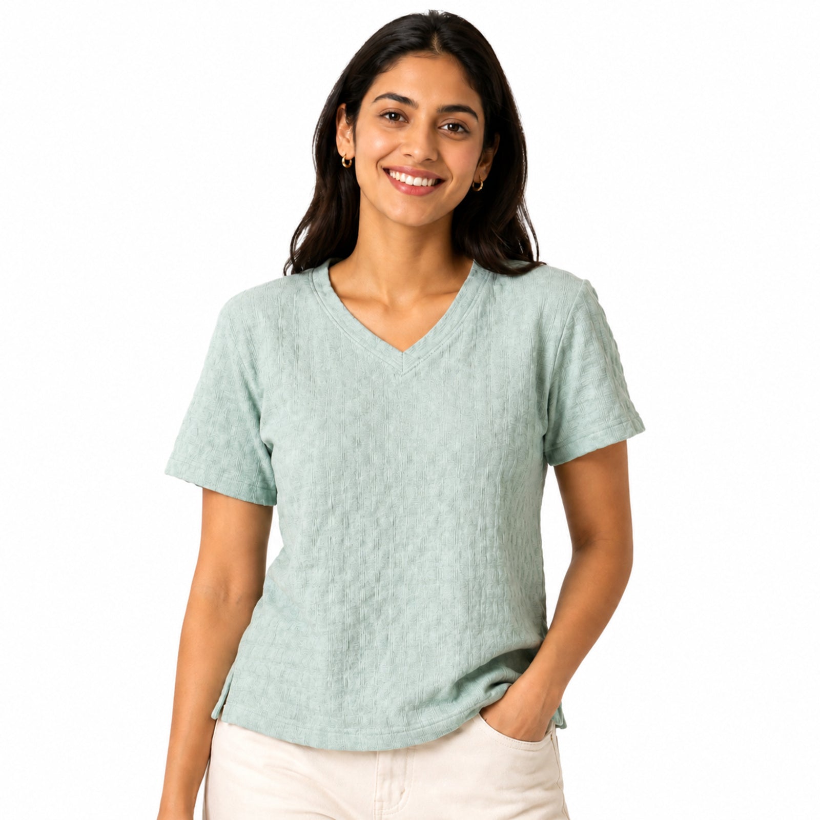 Women's Sage Green Textured V-Neck Top