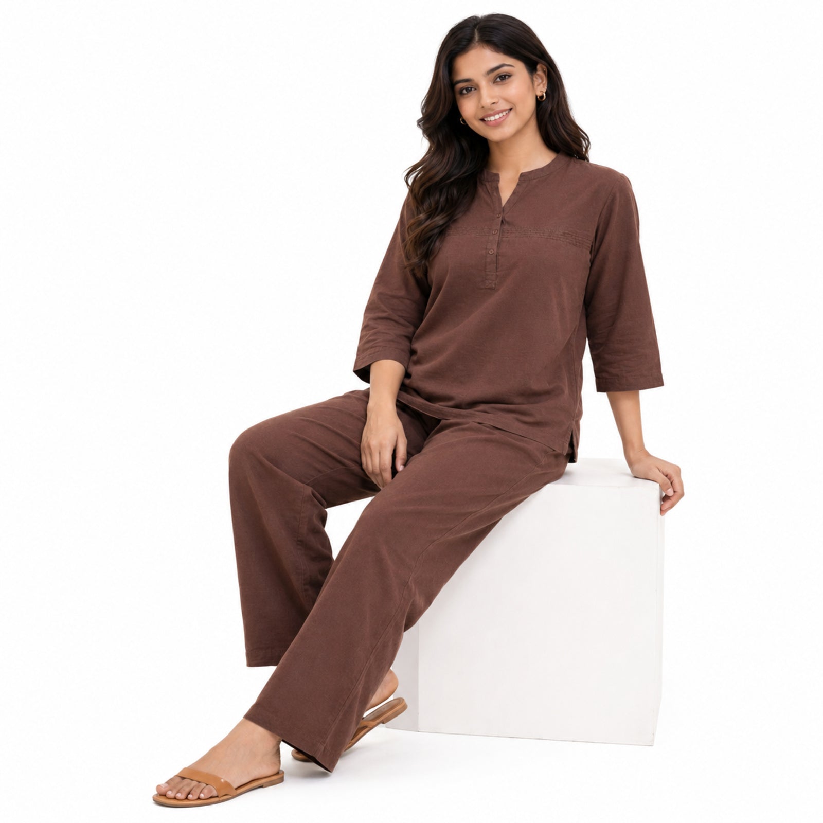 Women's Solid Brown Cotton Co-Ord Set