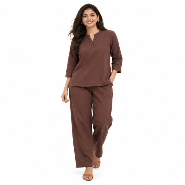 Women's Solid Brown Cotton Co-Ord Set