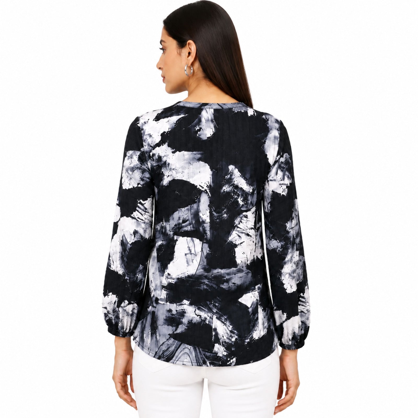 Women's Black Abstract Print Long Sleeve Top
