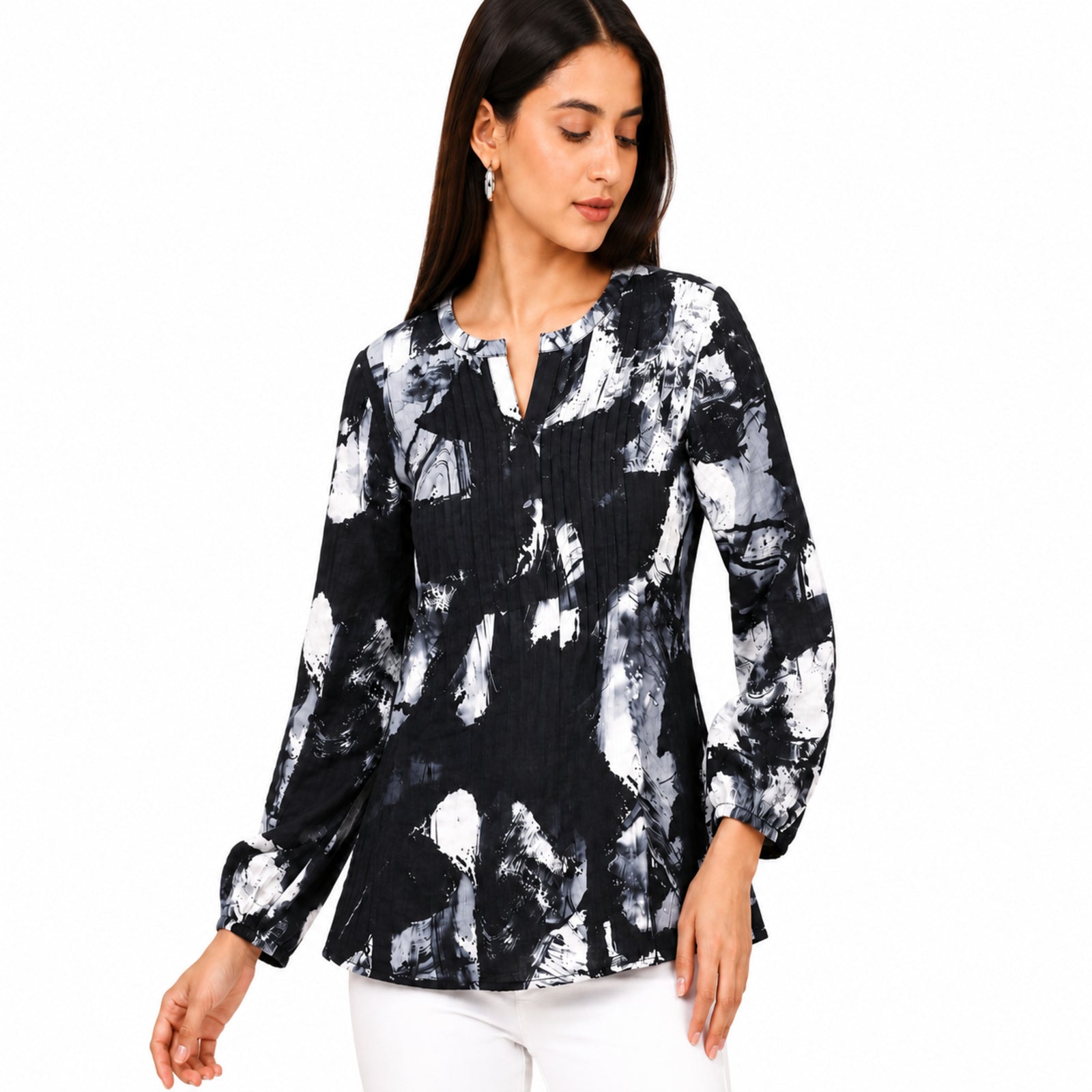Women's Black Abstract Print Long Sleeve Top