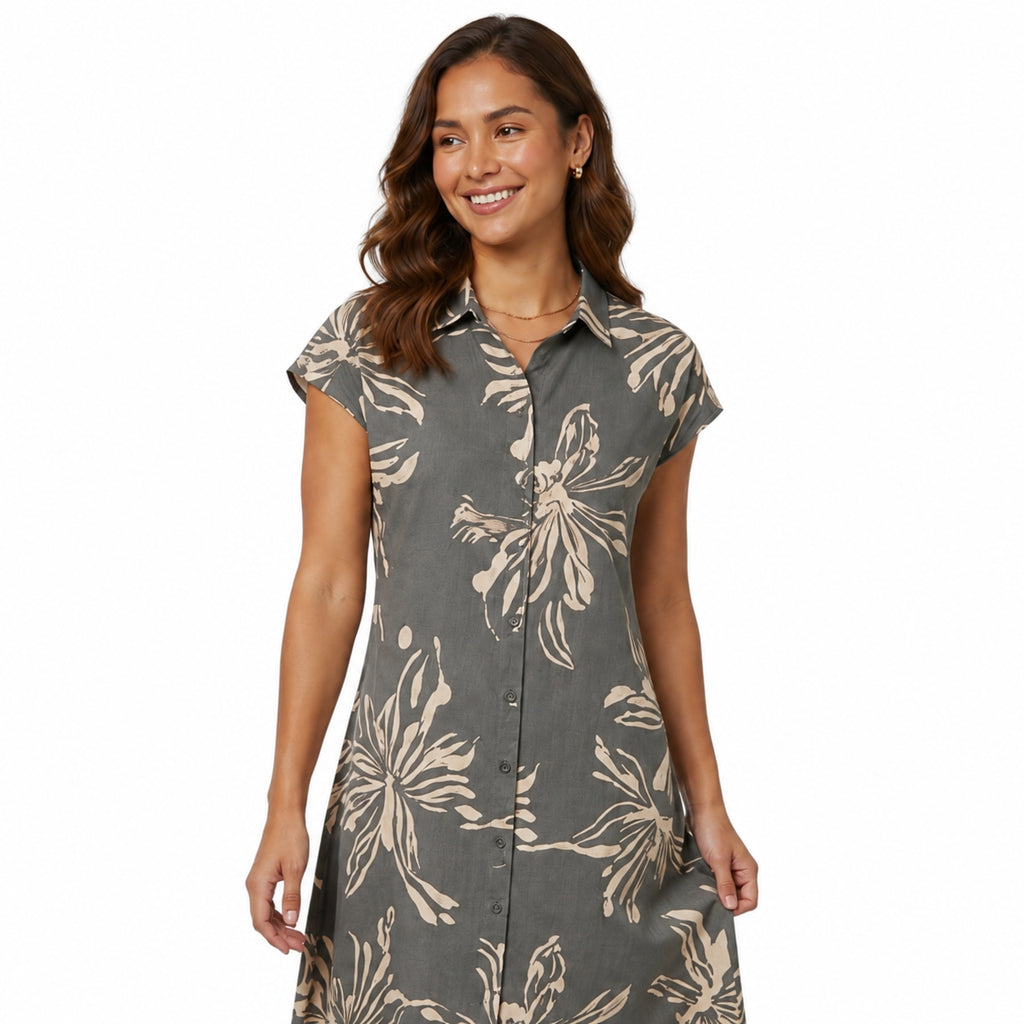 Grey Floral Button-Down Shirt Dress