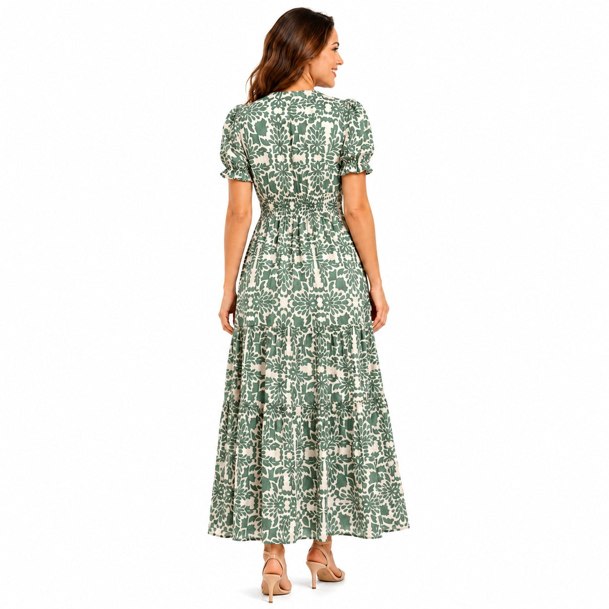Women's Green Floral Print Notch Neck Puff Sleeve Tiered Maxi Dress | Elegant Flared Day Dress
