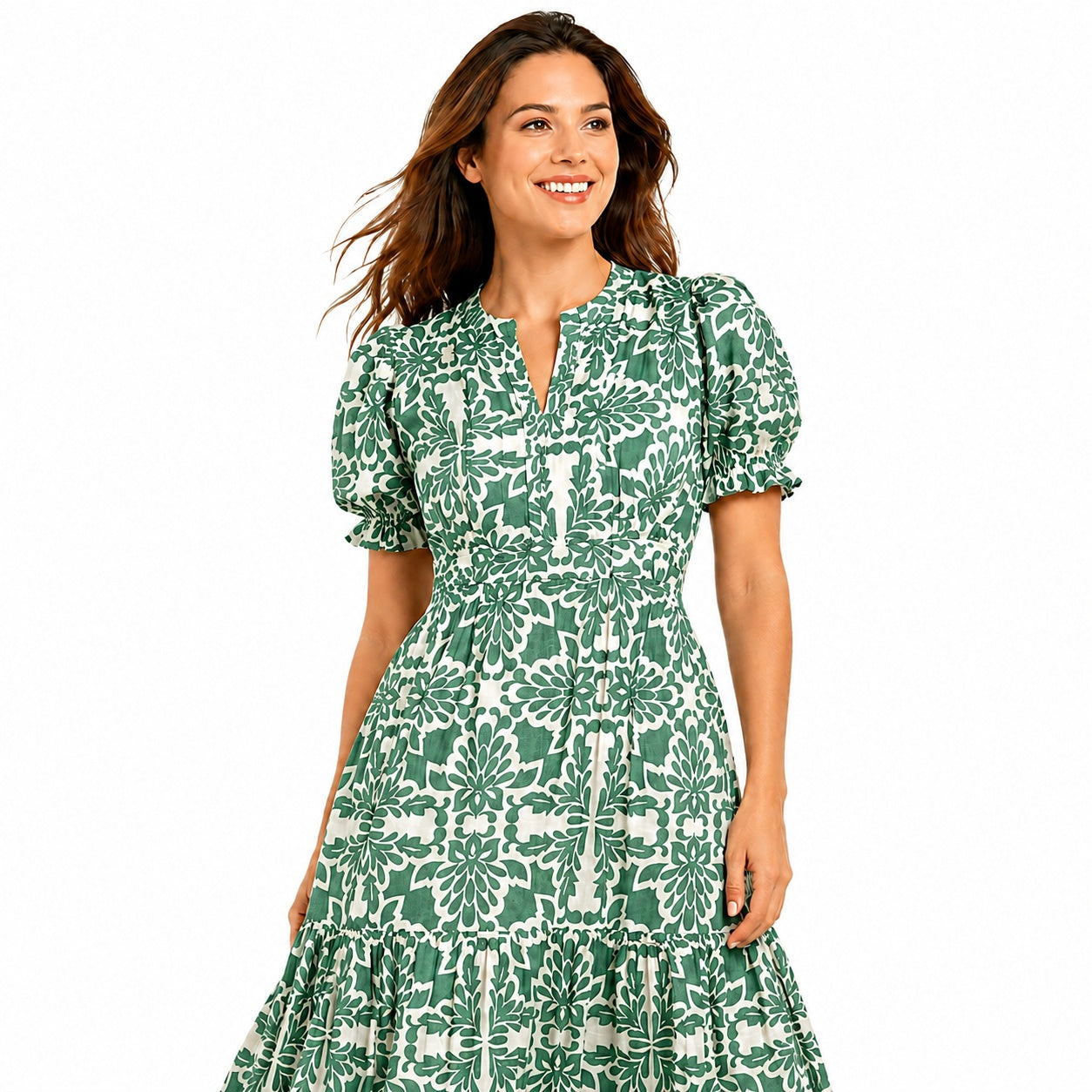 Women's Green Floral Print Notch Neck Puff Sleeve Tiered Maxi Dress | Elegant Flared Day Dress