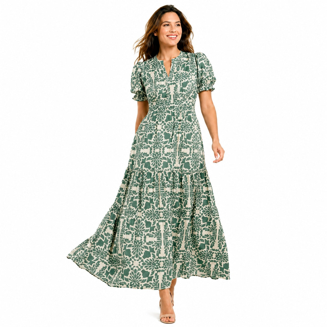 Women's Green Floral Print Notch Neck Puff Sleeve Tiered Maxi Dress | Elegant Flared Day Dress