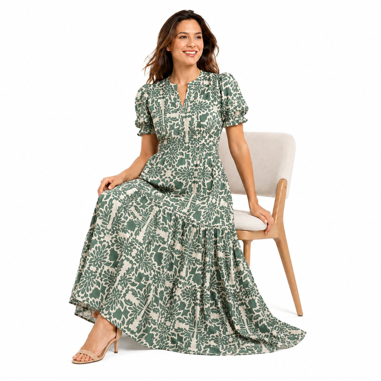 Women's Green Floral Print Notch Neck Puff Sleeve Tiered Maxi Dress | Elegant Flared Day Dress
